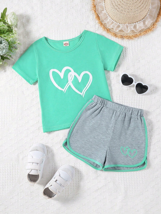 Young Girl Dopamine Heart Printed Casual Short Sleeve T-Shirt And Color Block Trim Shorts Set For Mother Day, Summer