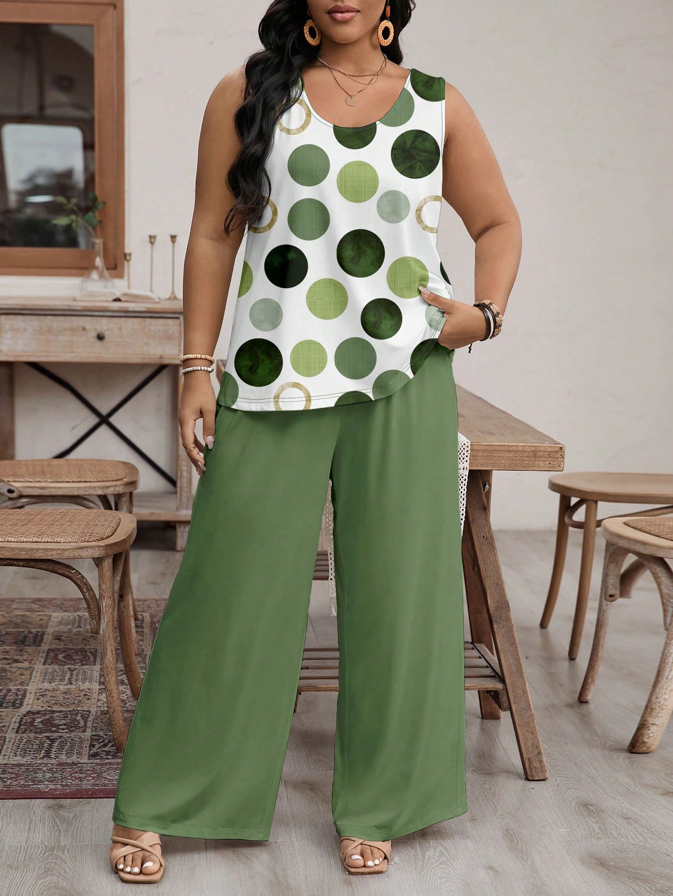 Plus Size Women Casual Polka Dot Printed Vest And Loose Pants Two Piece Set For Summer