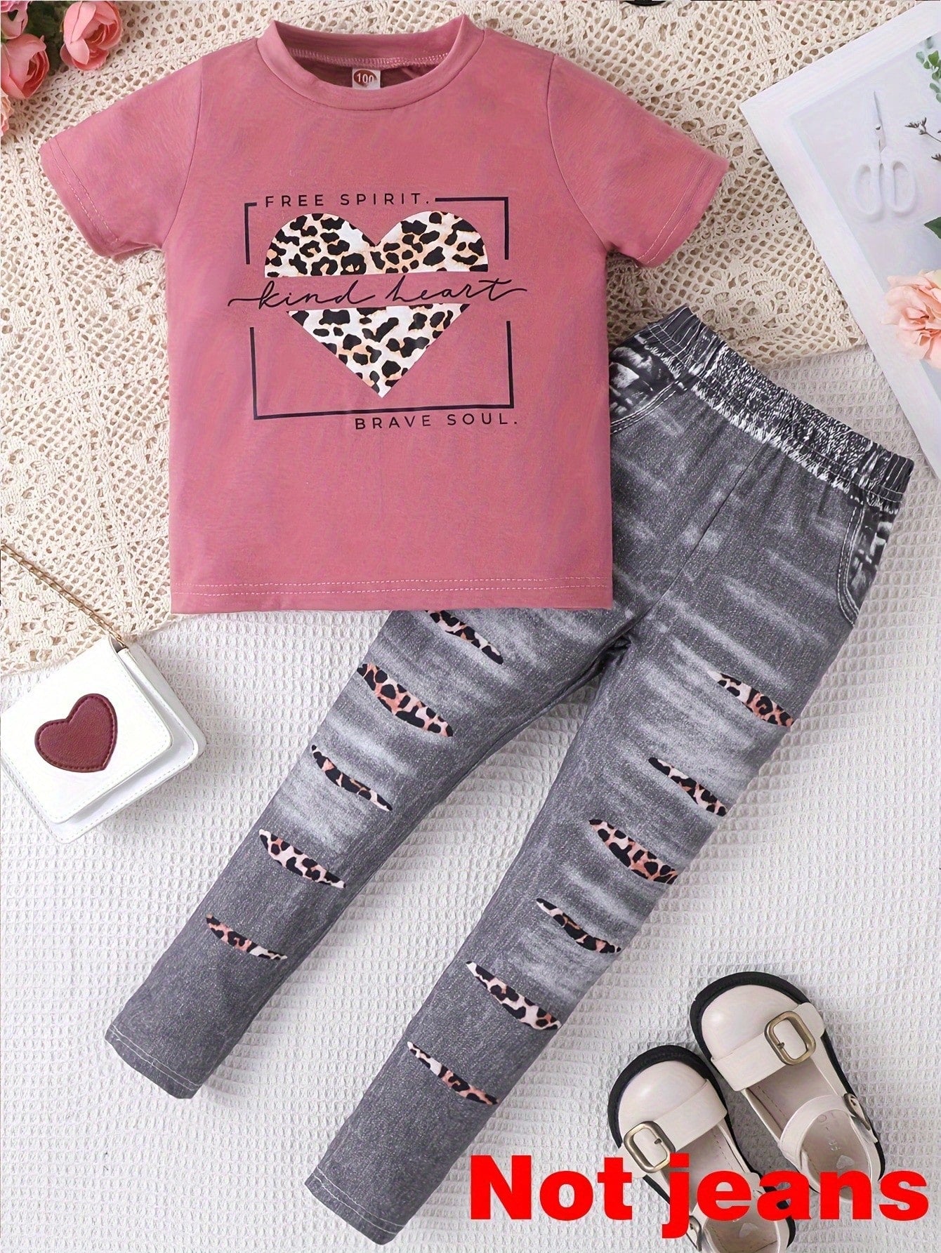 2pcs Young Girl Casual Style English Letters, Leopard Print And Heart Pattern Short Sleeve T-Shirt And Trousers Summer Outfits