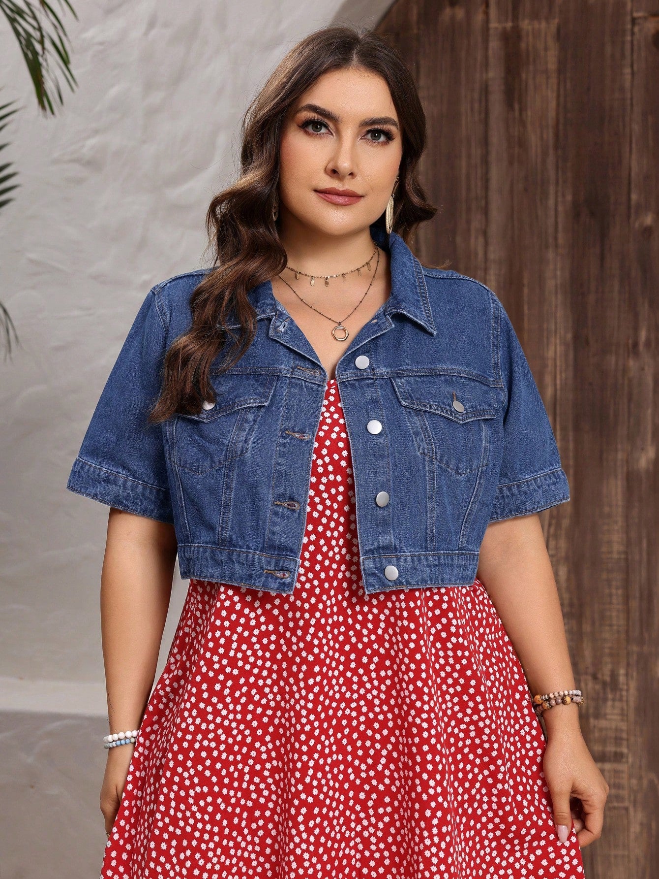 Plus Size Crop Sleeve Crop Denim Jacket For Vacation And Casual Wear