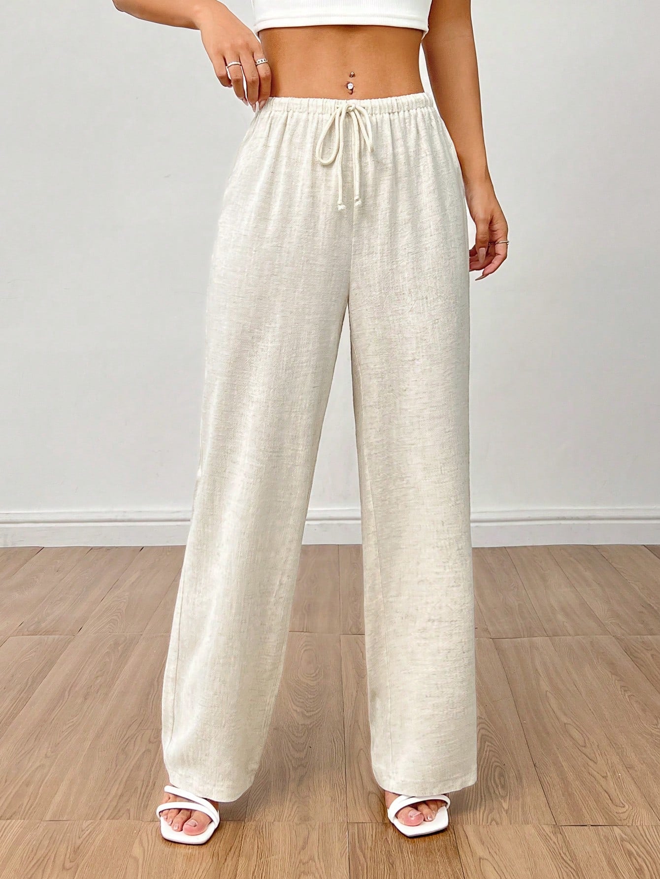 PETITE Solid Drawstring Waist Wide Leg Pants