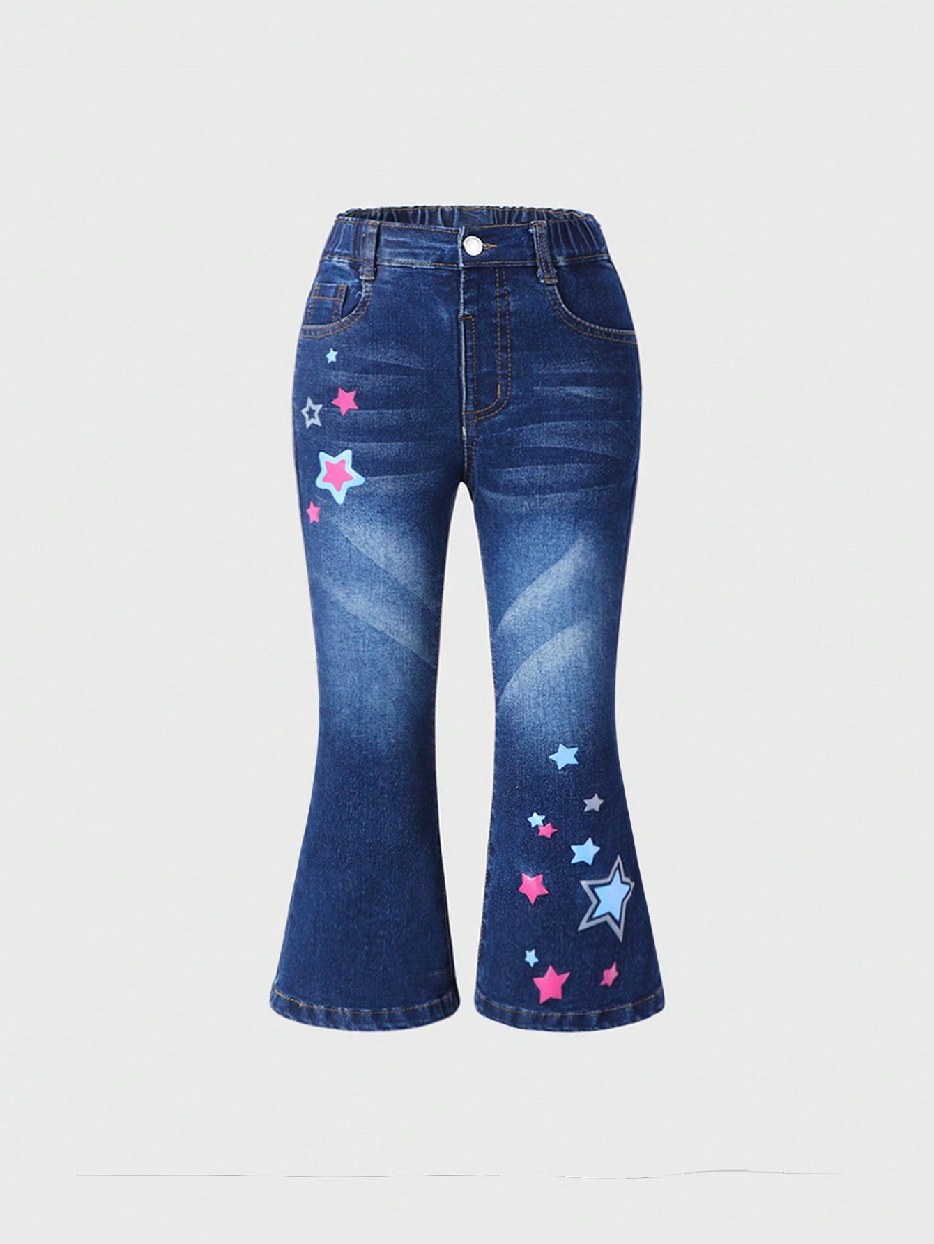 Young Girl Y2K Street Cute Colourful Stars Print Dark Wash Elastic Waist Flare Jeans