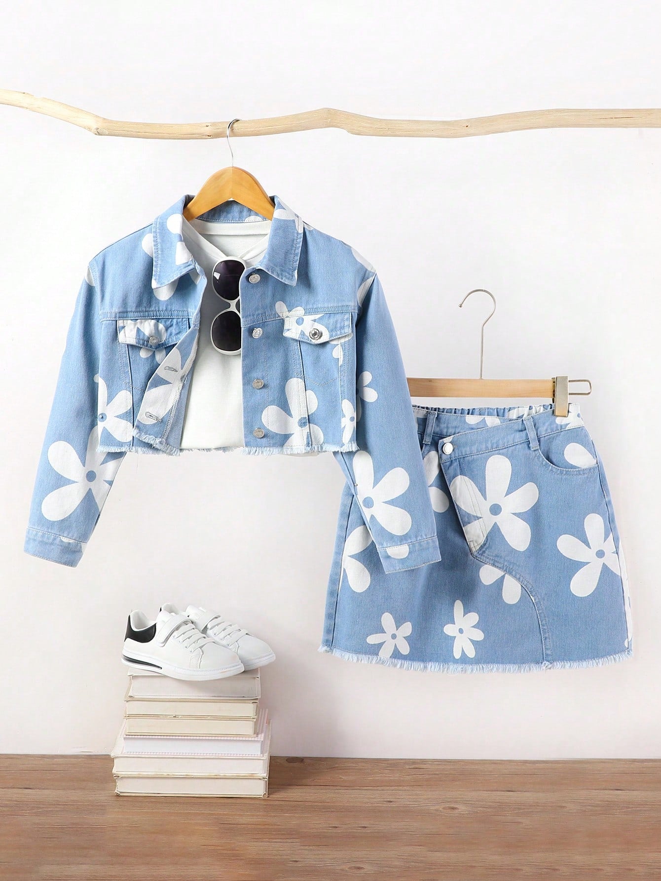 Tween Girl Casual Holiday Cute Floral Print Light Wash Crop Denim Jacket And Raw Hem Denim Skirt Set