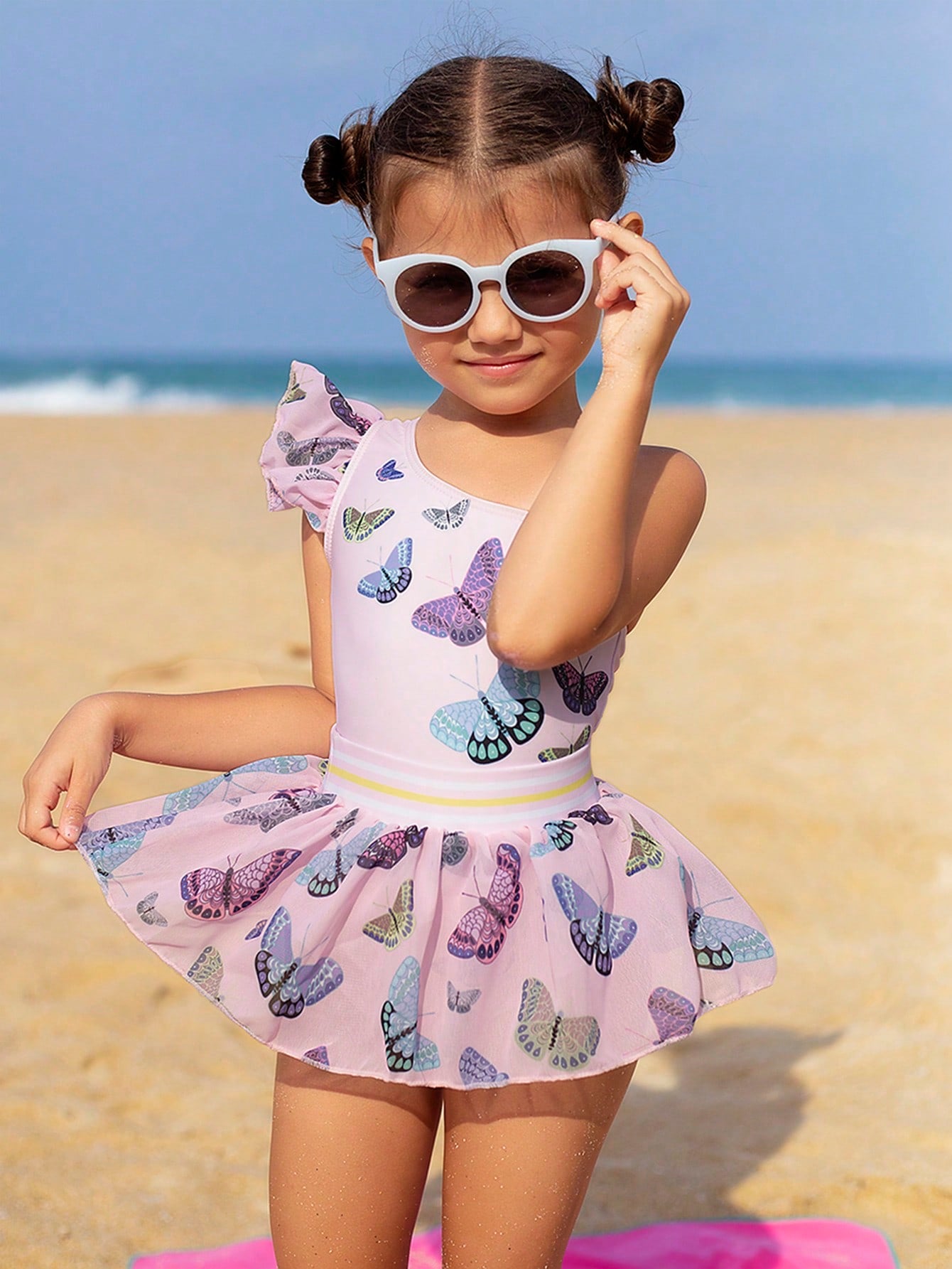 Young Girl Butterfly Printed Jumpsuit Mesh Skirt Set