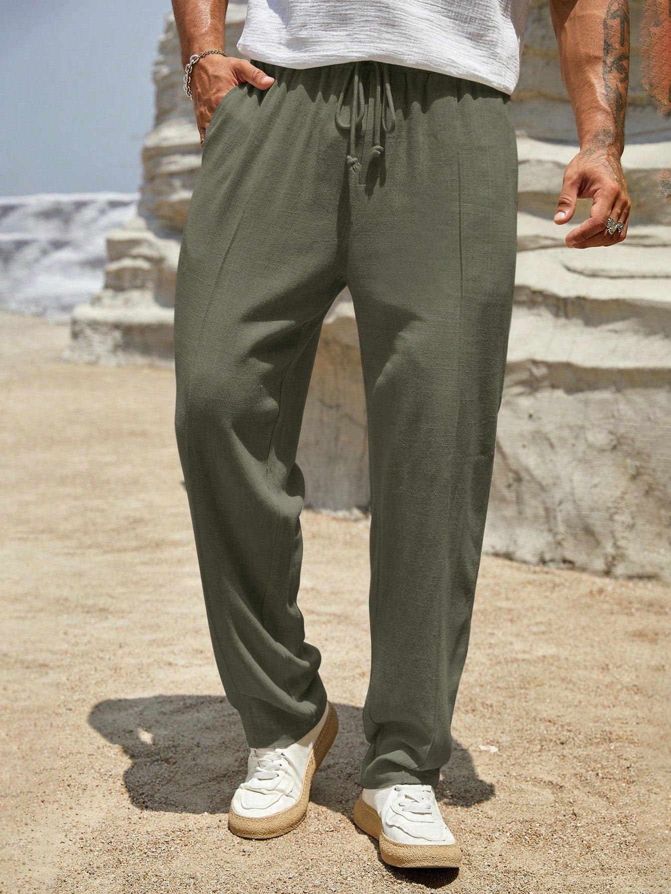 Men Drawstring Waist Seam Detail Pants