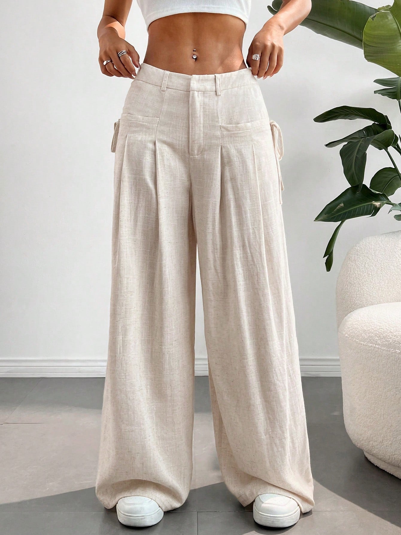 Linen Summer Holiday Casual Apricot Pleated Linen Wide Leg Woven Trousers