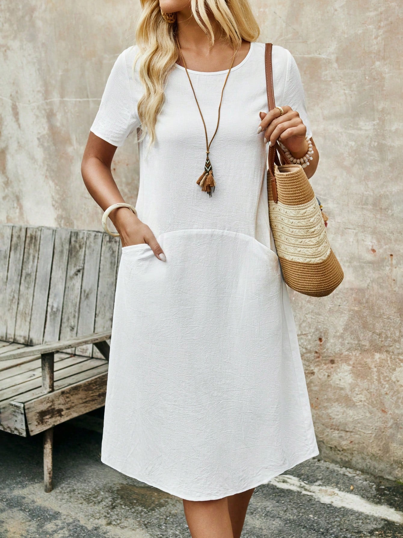 Summer Linen Loose Casual Dress With Curved Pockets