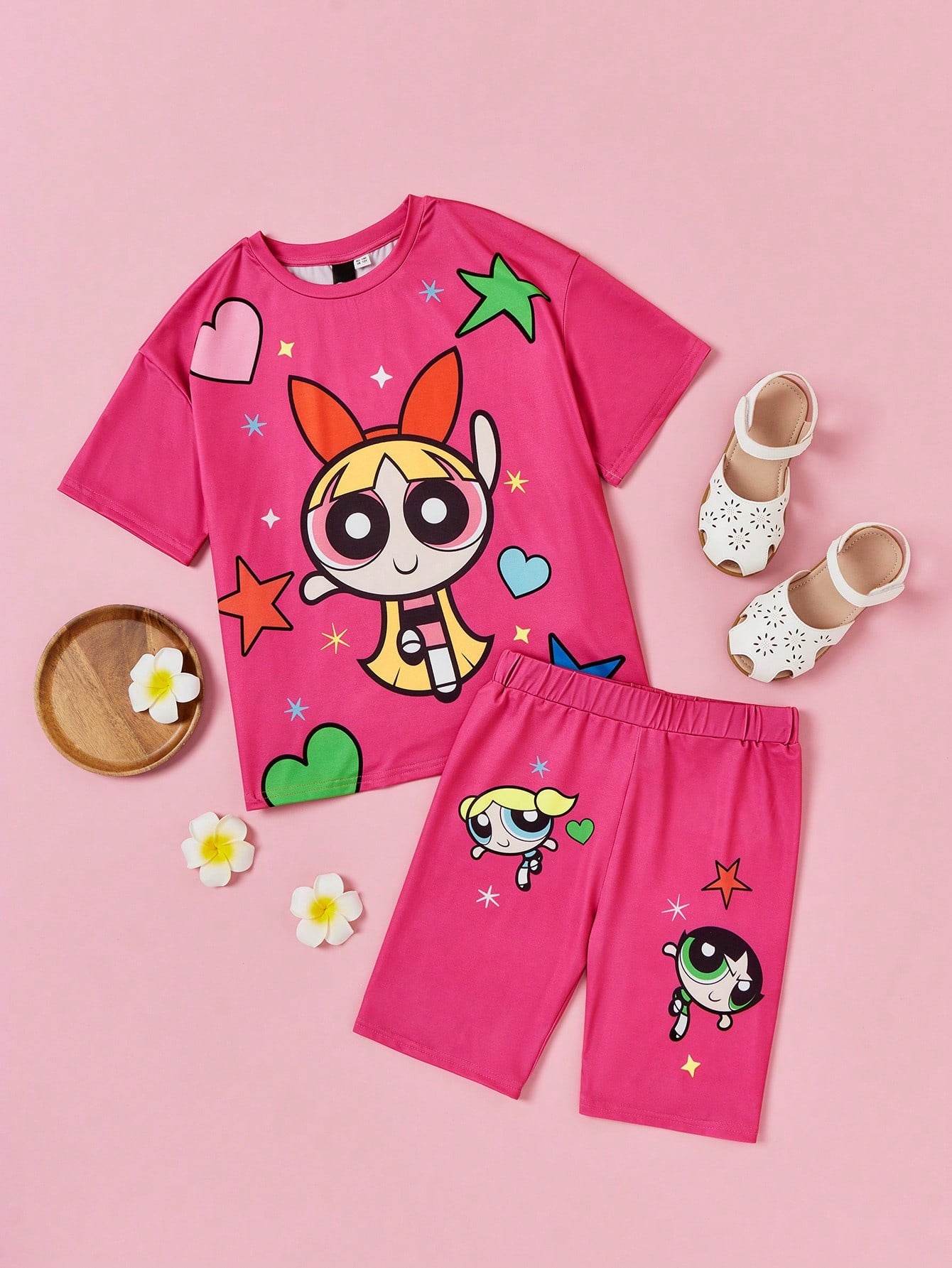 Tween Girl Casual And Cute Bright Cartoon Printed Short Sleeve T-Shirt And Shorts Set, Summer