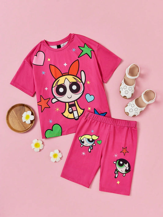 Tween Girl Casual And Cute Bright Cartoon Printed Short Sleeve T-Shirt And Shorts Set, Summer