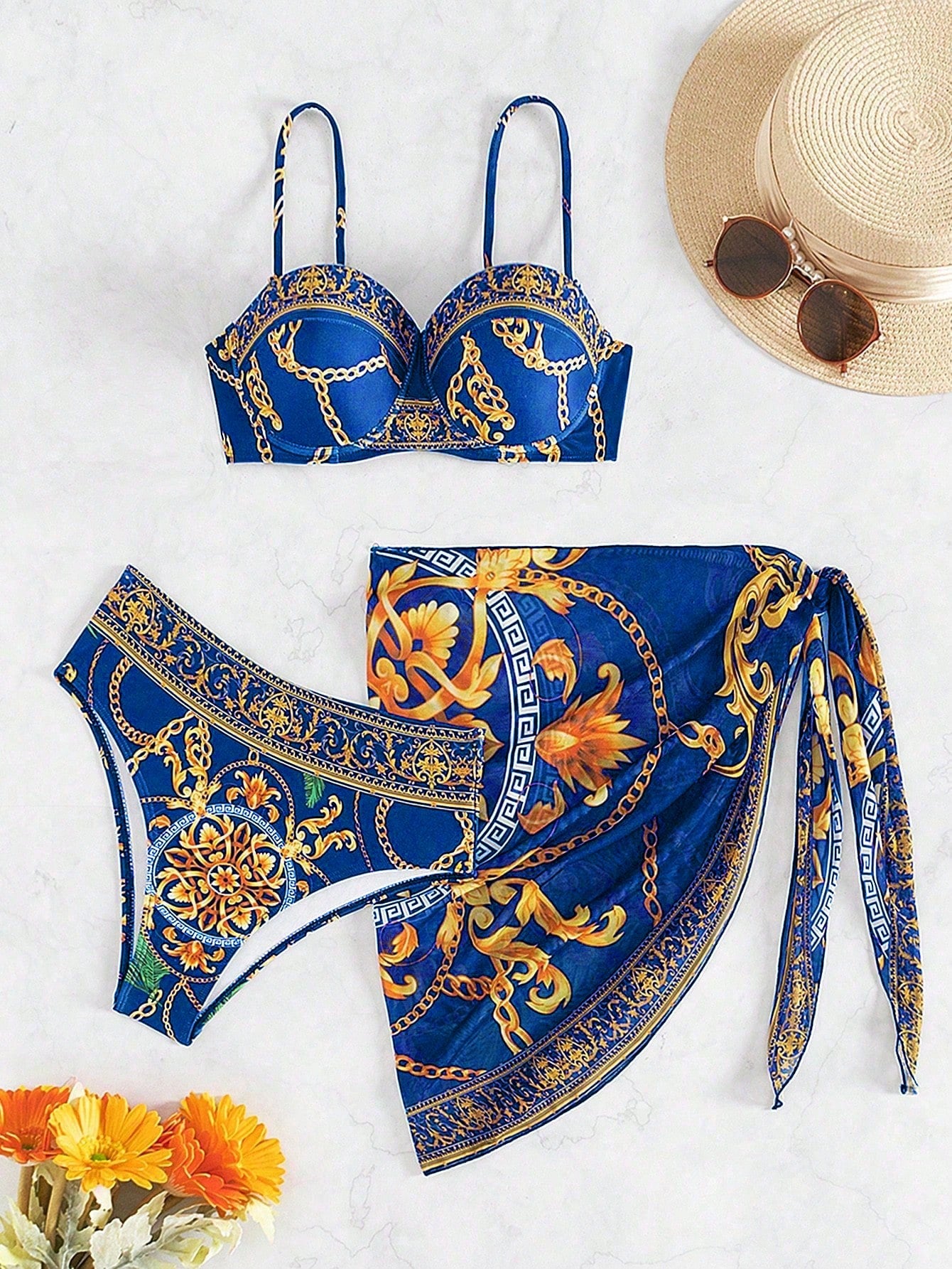 Swim Women Summer Beach Chain Print Bikini Set And Wrap Cover Up Skirt For Holiday