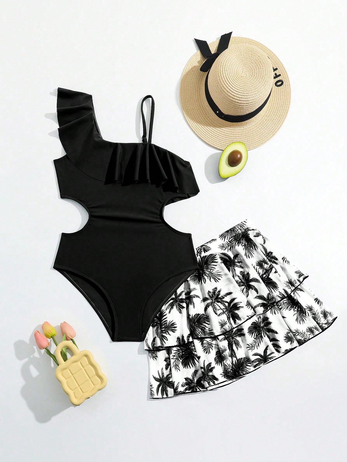 Tween Girls Solid Ruffle Trim One-Piece Swimsuit And Coconut Resort Print Skirt Two-Piece Set