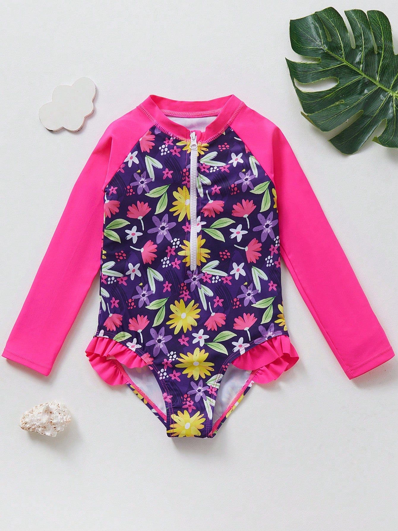 Young Girl Purple Starry Sky Mermaid Printed Long Sleeve Shoulder-Off One-Piece Swimsuit