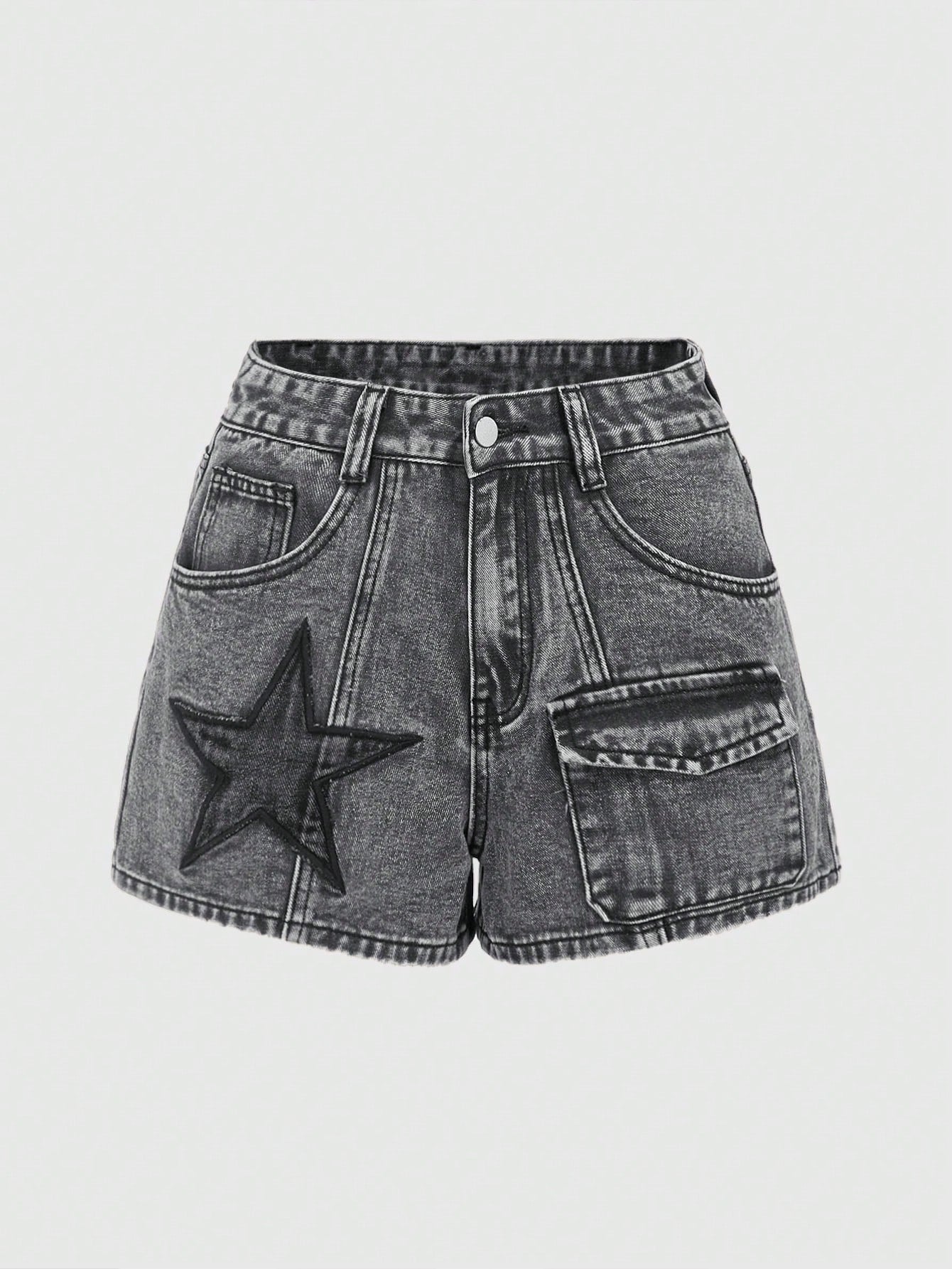 Punk Free Punk Style Black Star Patch Embroidered Gray Cargo Pocket Women Denim Shorts