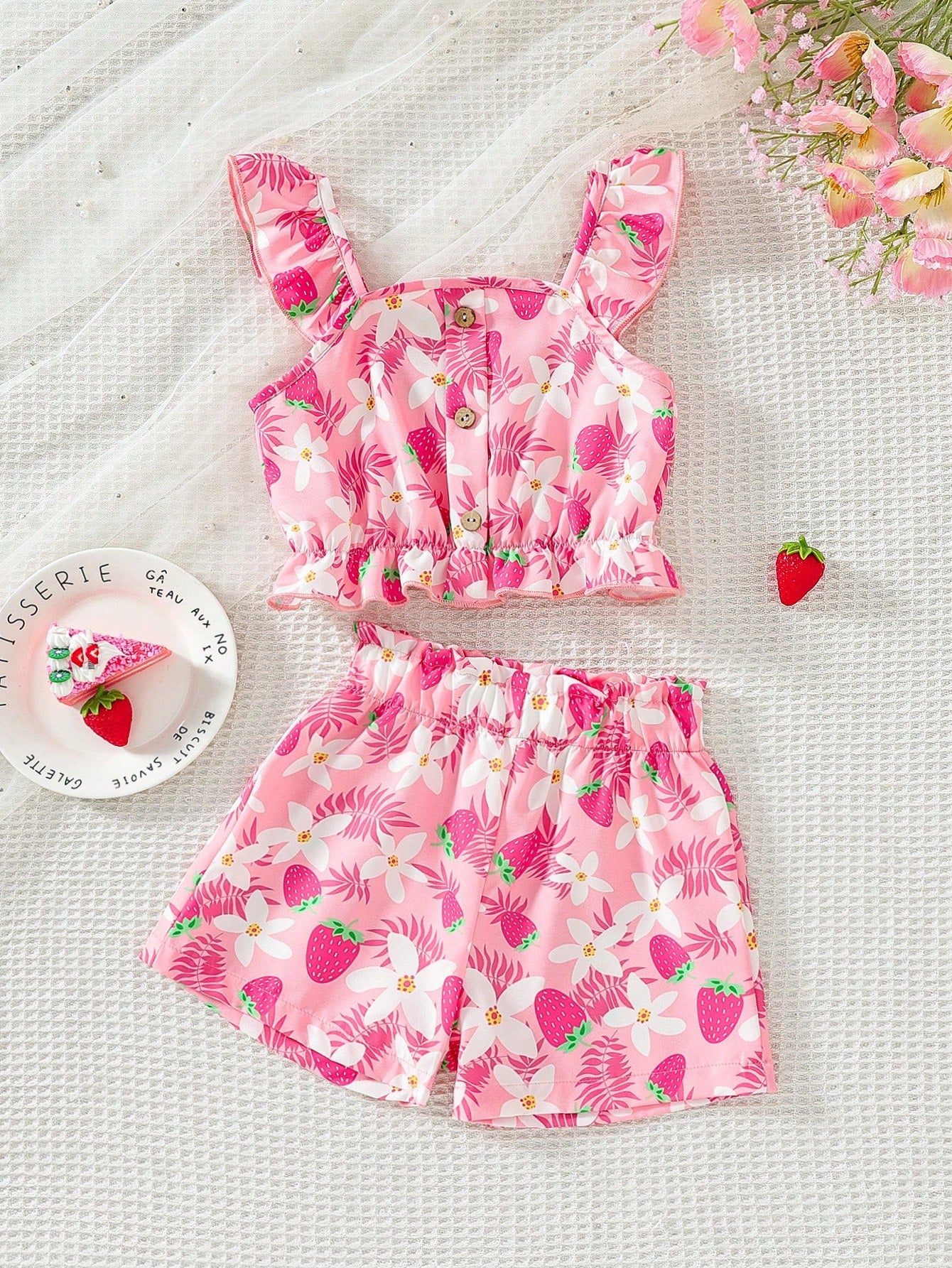 Young Girl Elegant And Flower Patterned Button Design Tank Top With Elastic Shorts Set, Suitable For Vacation And Travel In Spring And Summer