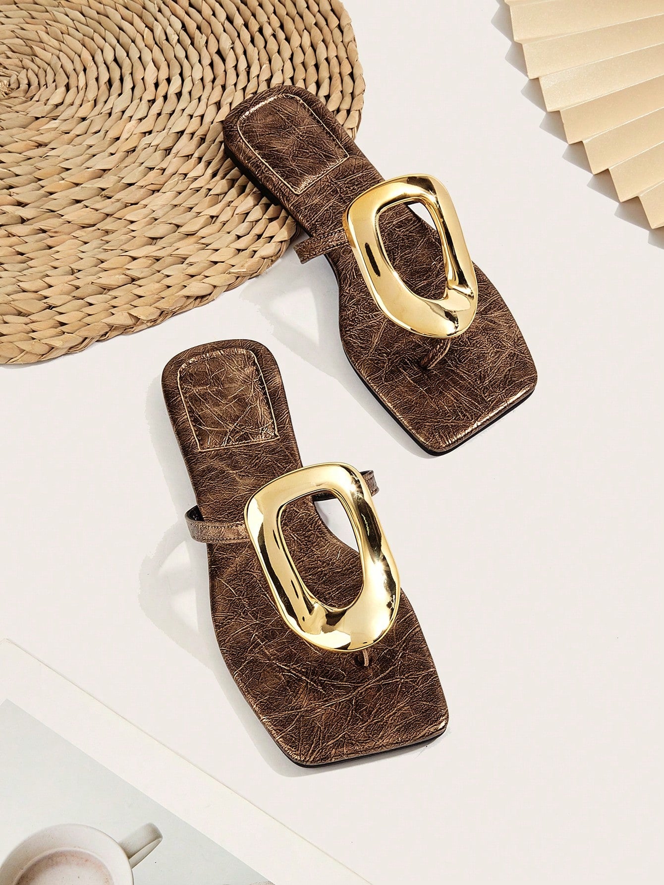 Party/Vacation/Casual Bronze Square Toe Metal Buckle Flat Sandals