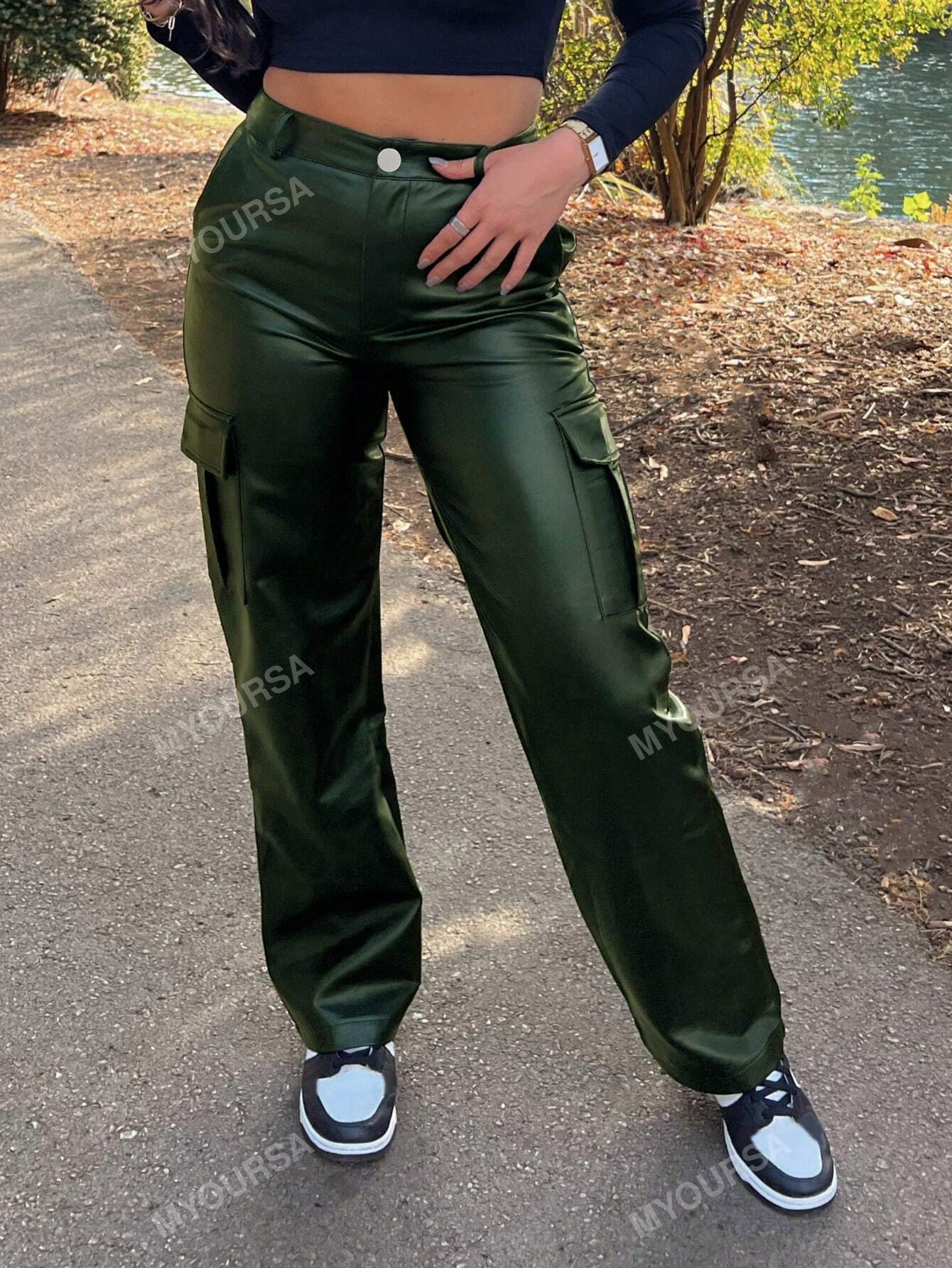 Flap Pockets PU Leather Cargo Pants