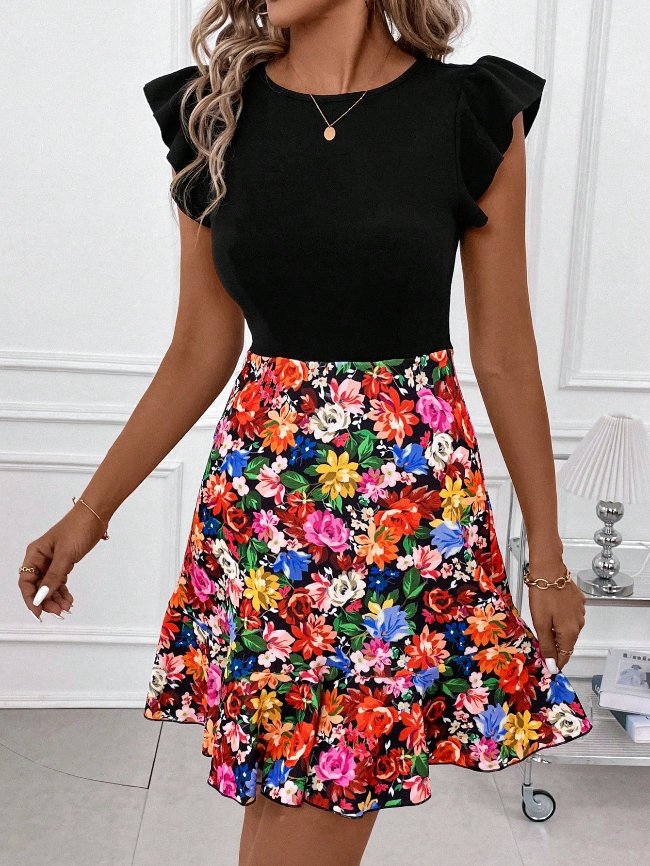 Women Round Neck Floral Printed Color Block Spring Dress