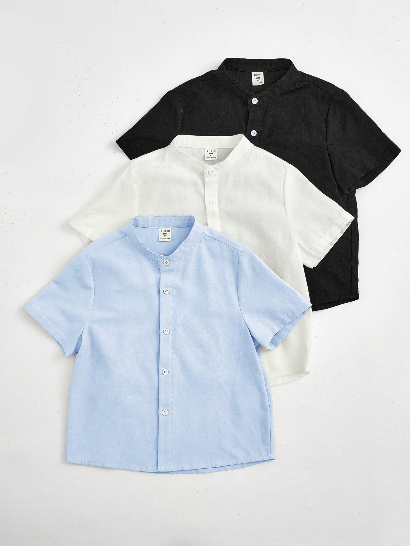 3pcs/Set Young Boy Casual College Style Solid Color Stand Collar Cotton Linen Short Sleeve Shirt, Spring/Summer