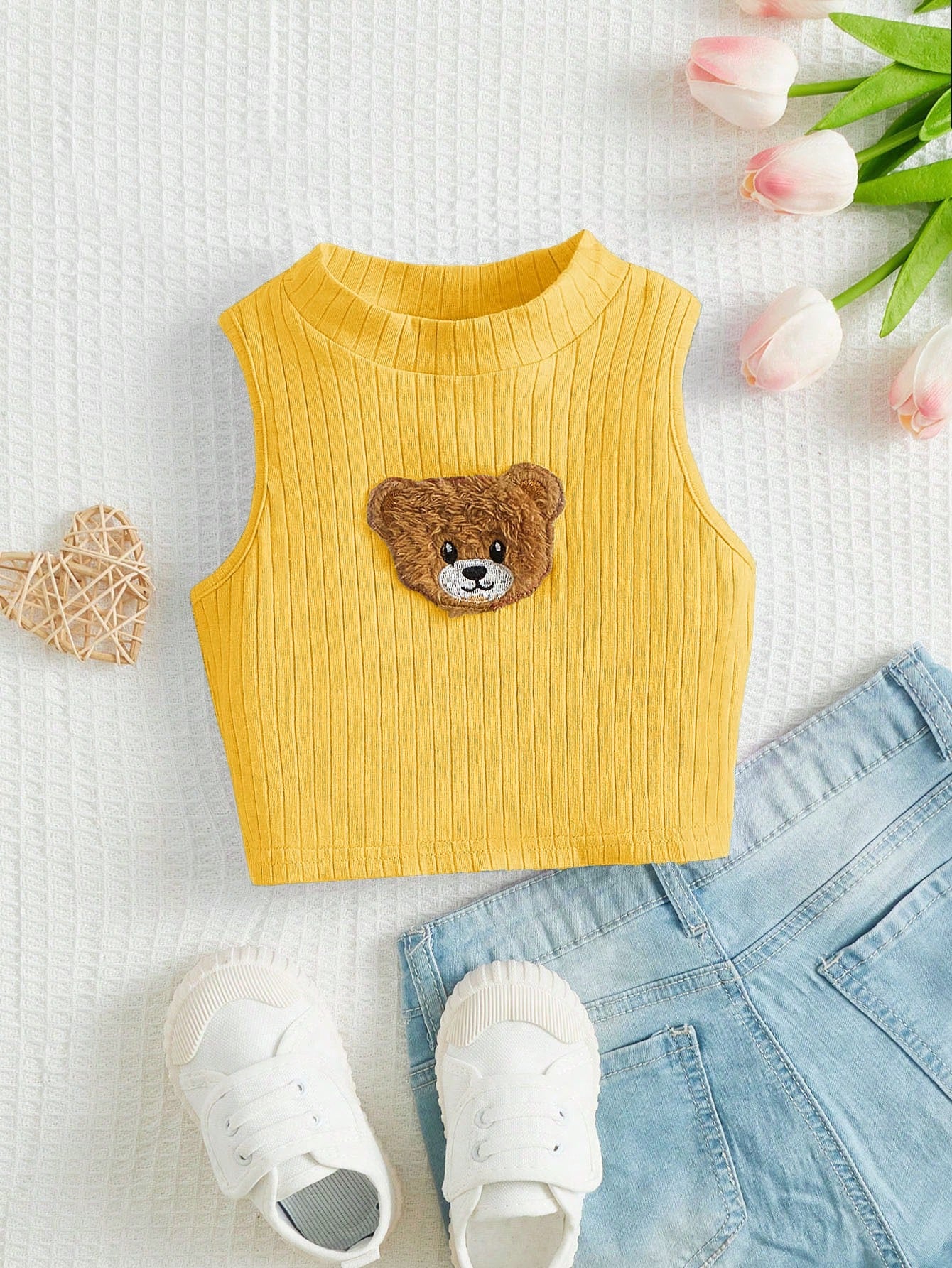 Solid Color Small Turtleneck Short Young Girl Bear Sticker Detail Tank Top For Summer