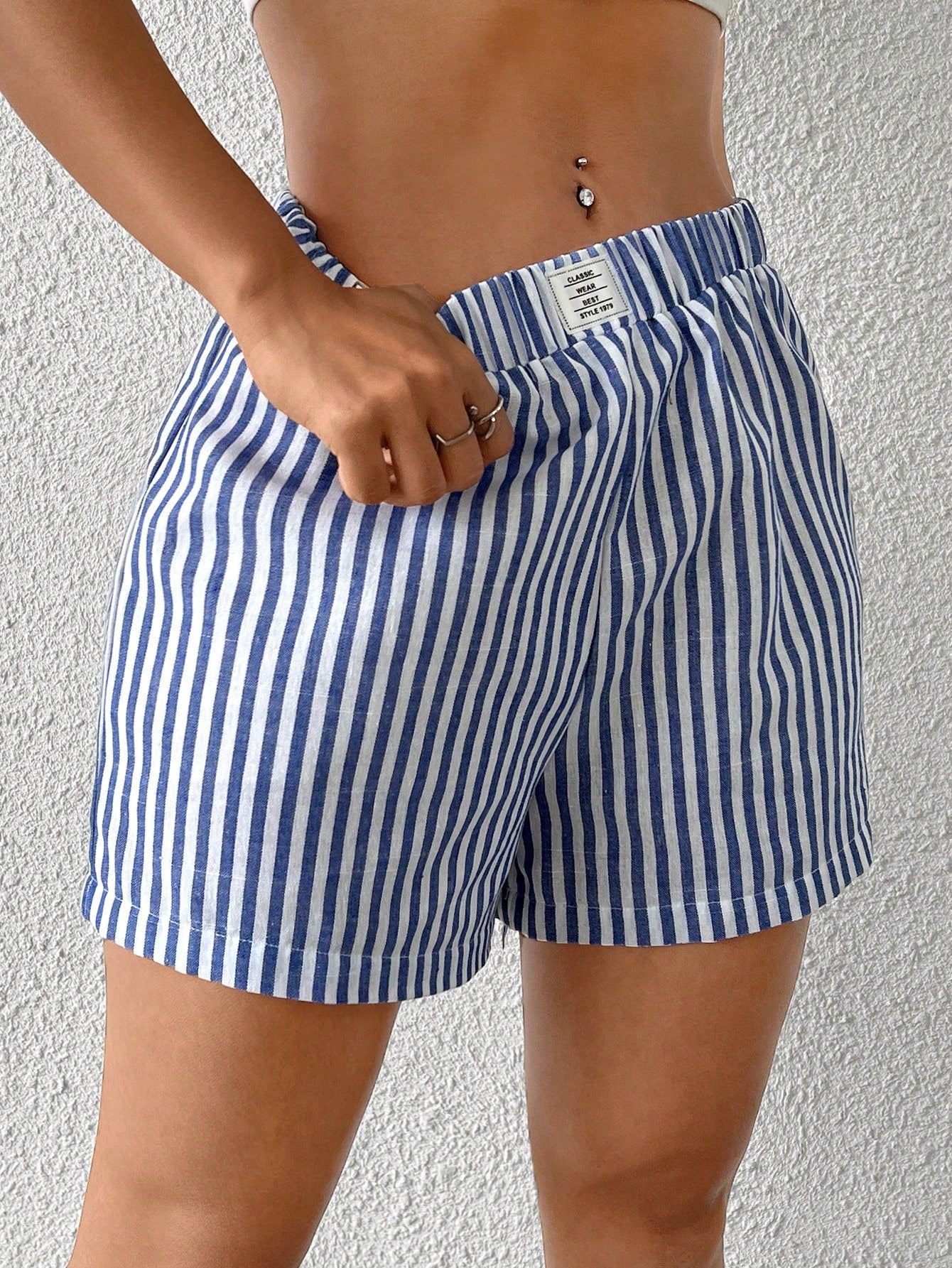 Blue Striped Woven Women Shorts