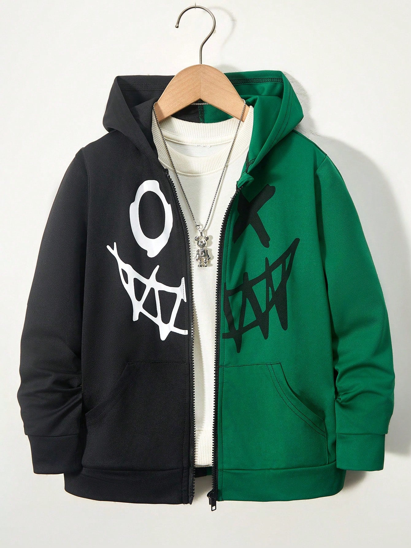 Tween Boy Casual Hooded Knitted Sweatshirt With Graffiti Pattern And Color Block Design, Autumn