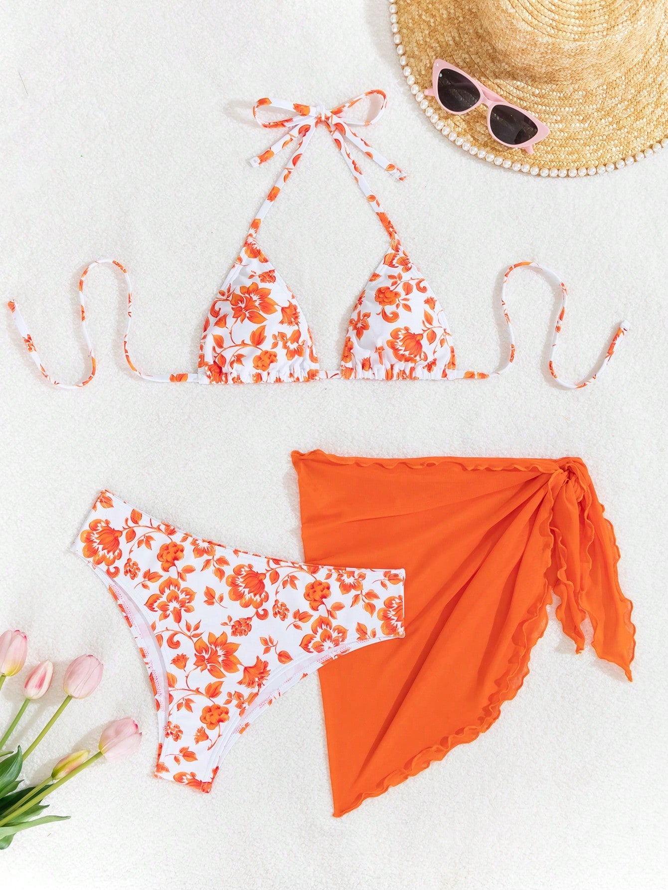 Swim Summer Beach Ladies' Floral Print Halter Neck Separated Bikini Set, Random Print, 3pcs/Set