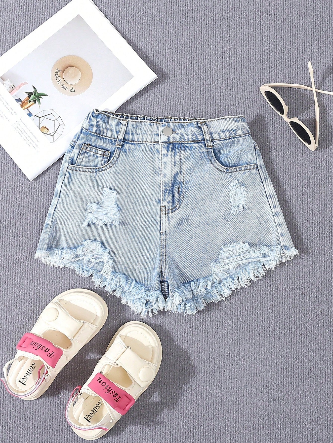 Kids Tween Girl Summer Washed Casual Distressed Denim Shorts , Solid Color, Loose And Lightweight