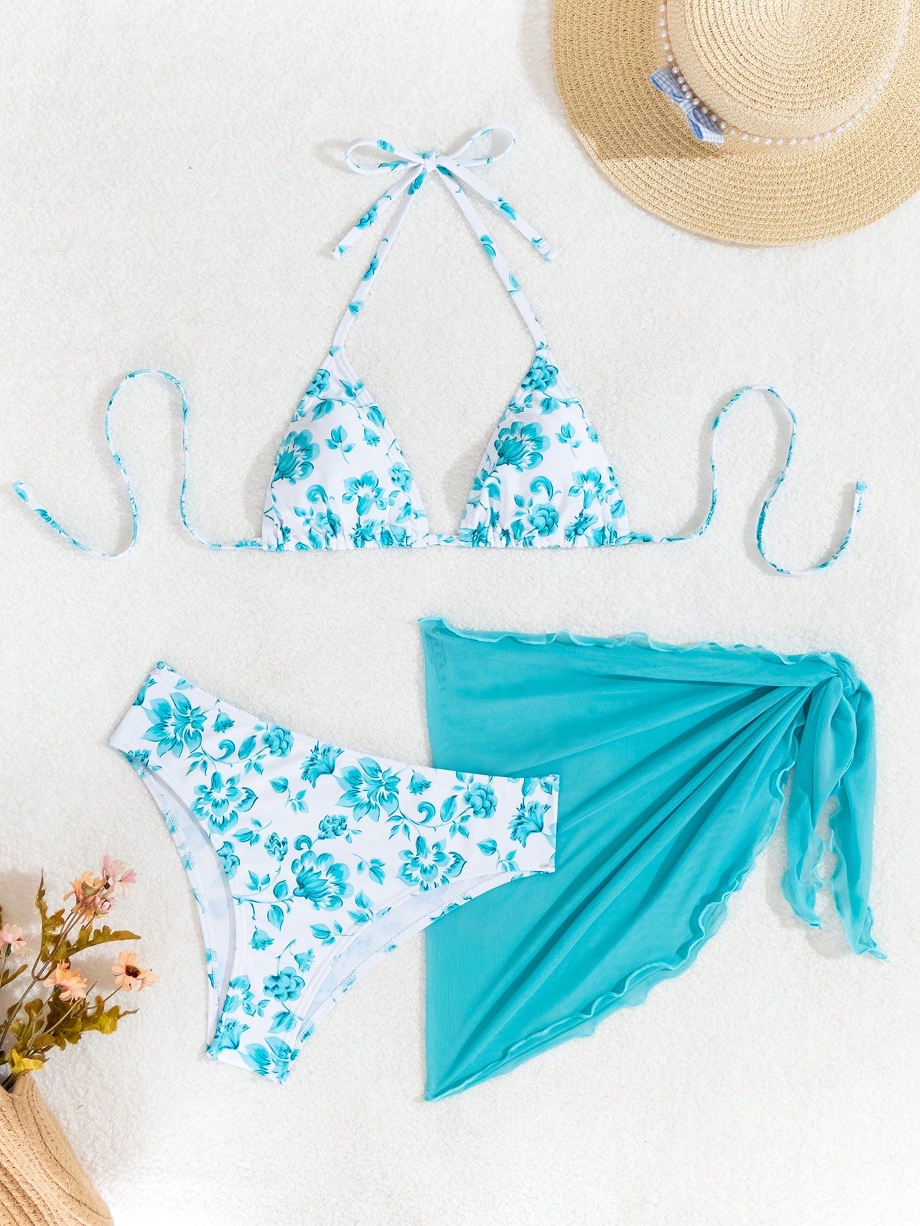 Swim Mod Summer Beach Floral Print Triangle Bikini Set With Beach Skirt