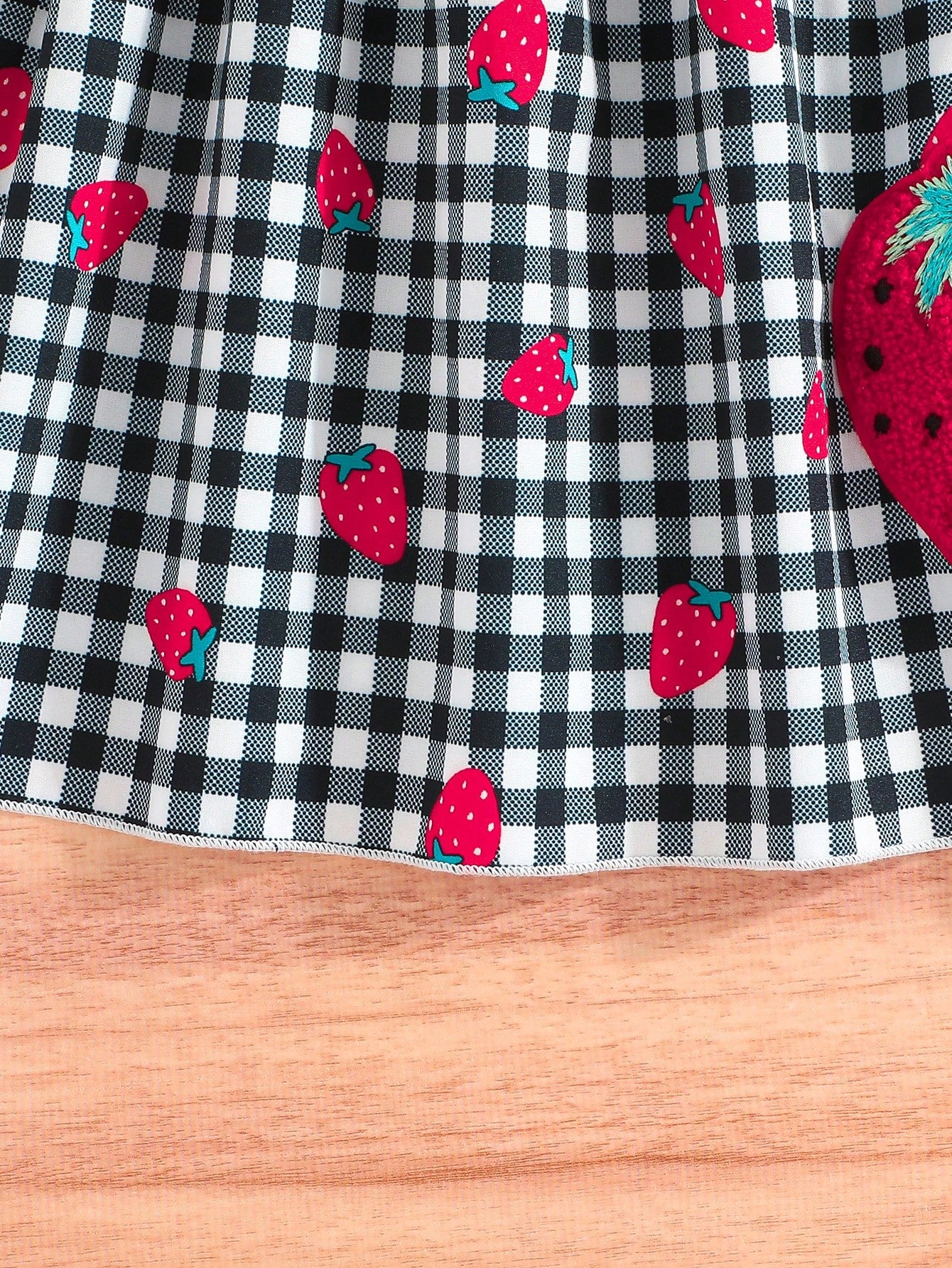 Young Girl Summer Fashion Plaid Sling Dress With Cute Strawberry Print, Embroidery Accent