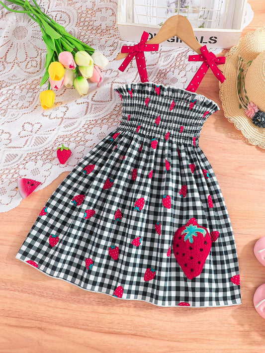 Young Girl Summer Fashion Plaid Sling Dress With Cute Strawberry Print, Embroidery Accent