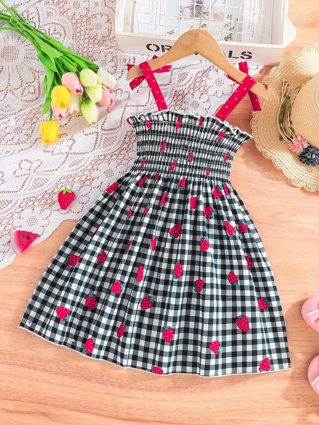 Young Girl Summer Fashion Plaid Sling Dress With Cute Strawberry Print, Embroidery Accent