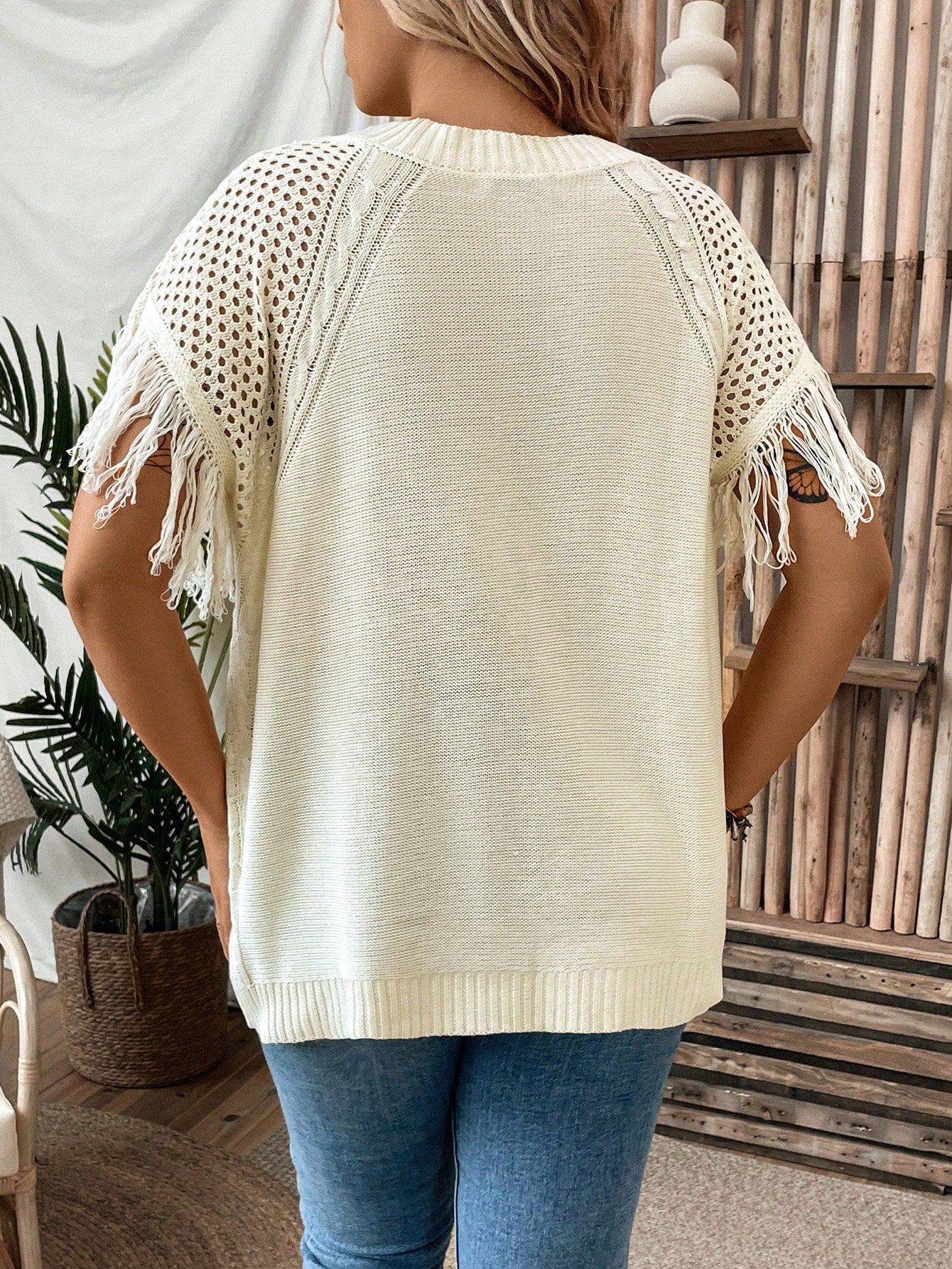 Plus Size Round Neck Fringed Casual Daily Wear Spring Summer Short Sleeve Knitwear Top