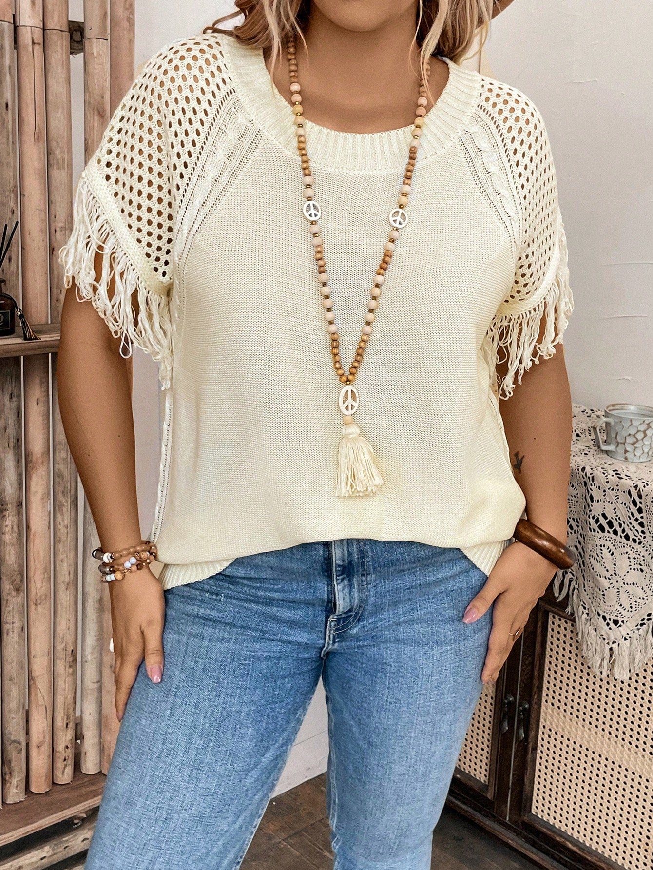 Plus Size Round Neck Fringed Casual Daily Wear Spring Summer Short Sleeve Knitwear Top