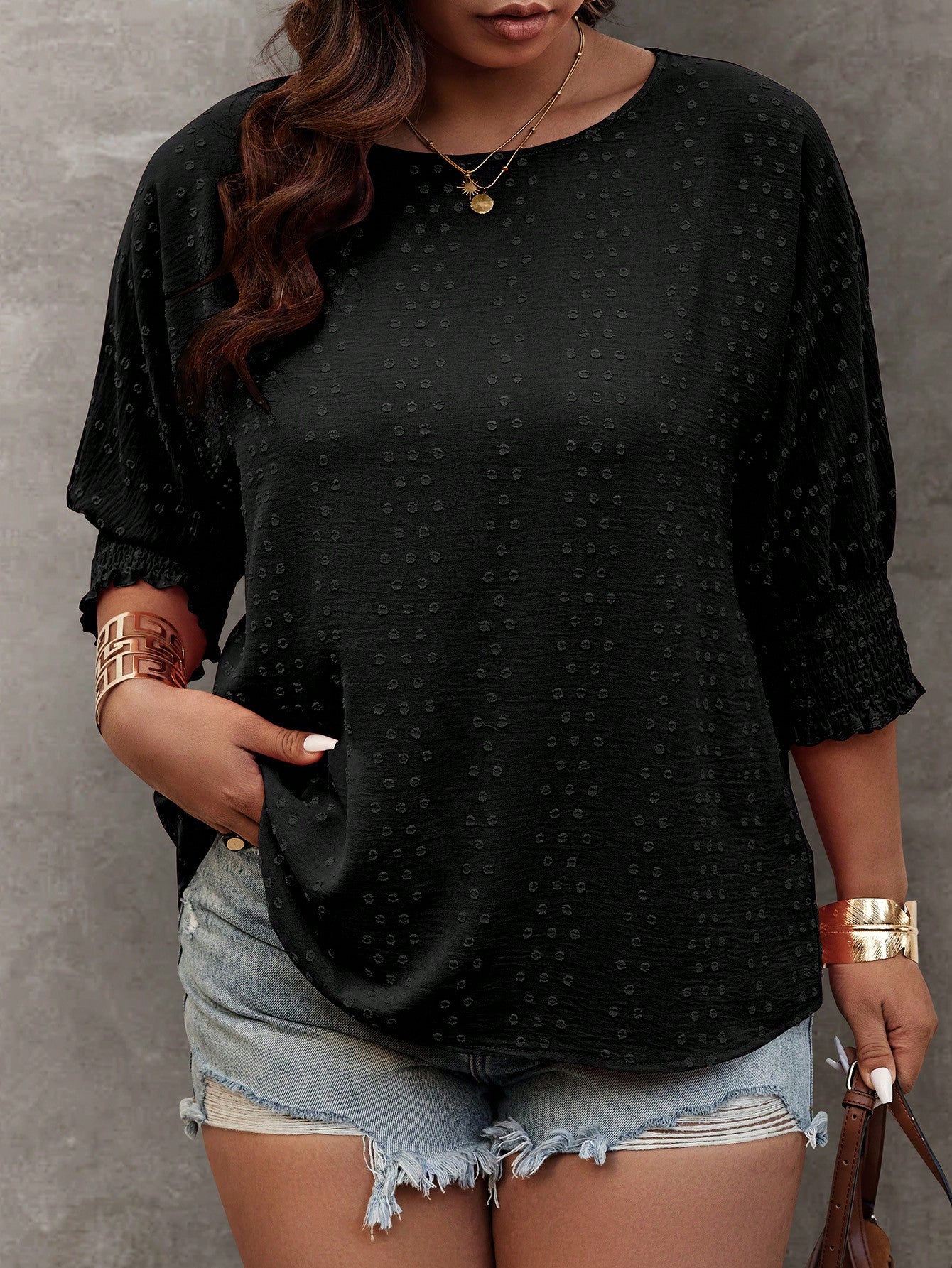 Plus Size Summer Casual Solid Color Jacquard Batwing Sleeve Shirt