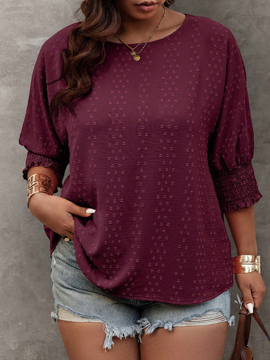 Plus Size Summer Casual Solid Color Jacquard Batwing Sleeve Shirt