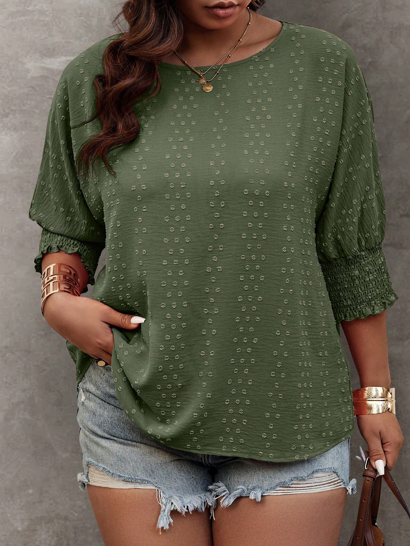 Plus Size Summer Casual Solid Color Jacquard Batwing Sleeve Shirt