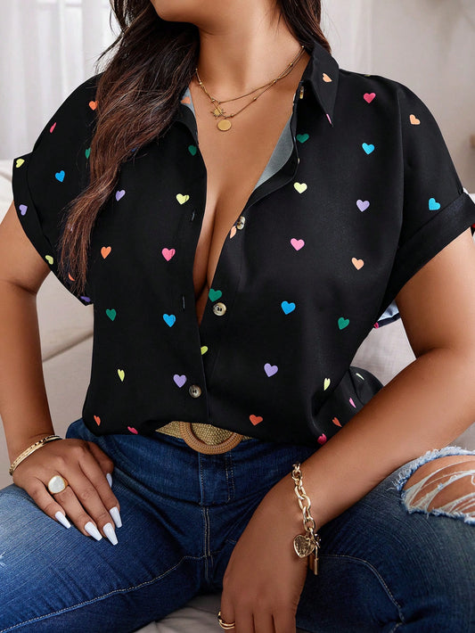 Plus Size Summer Casual Random Heart Print Button-Front Shirt