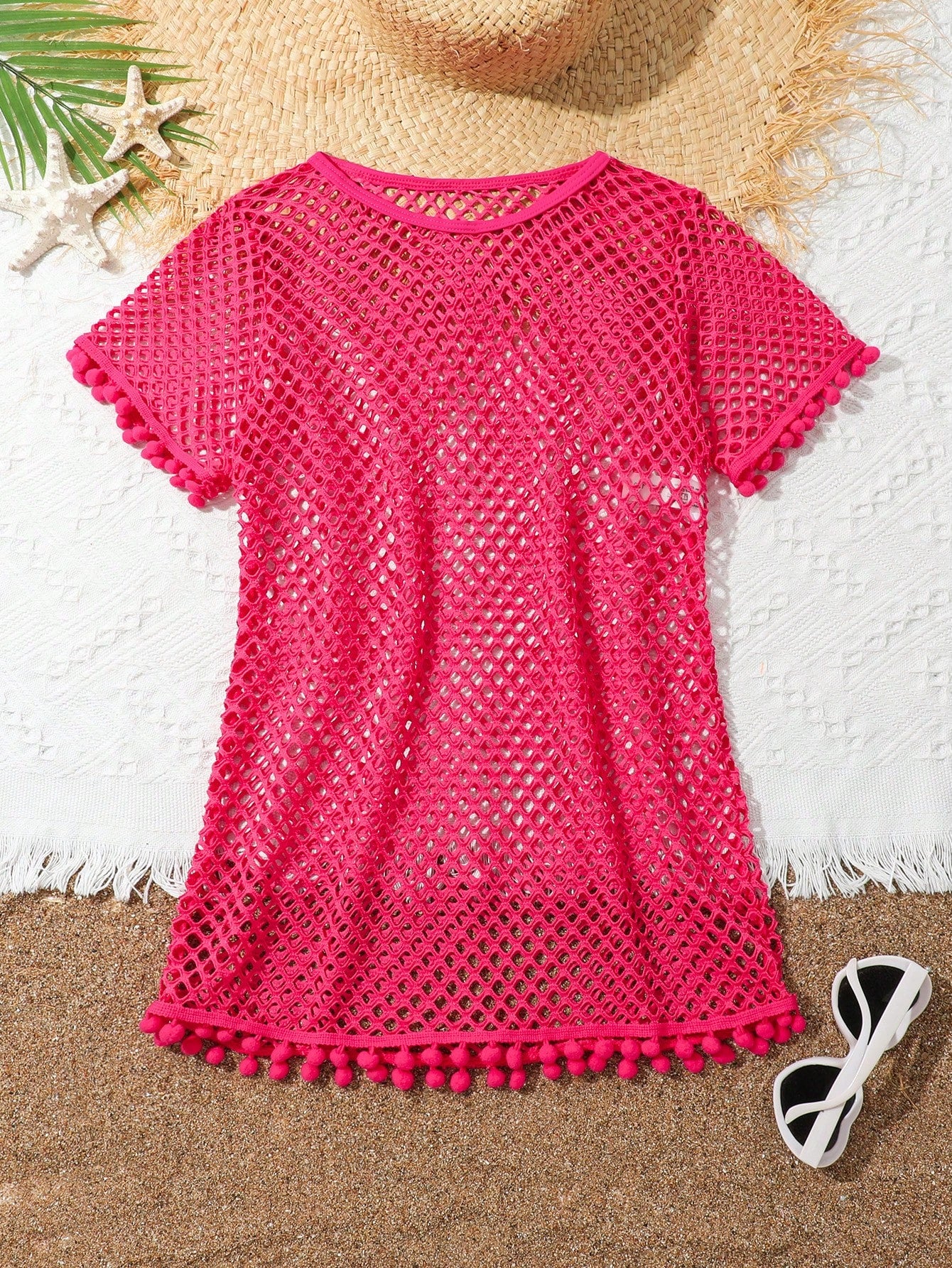 Tween Girl Fishnet Pom-Pom Decor Cover Up