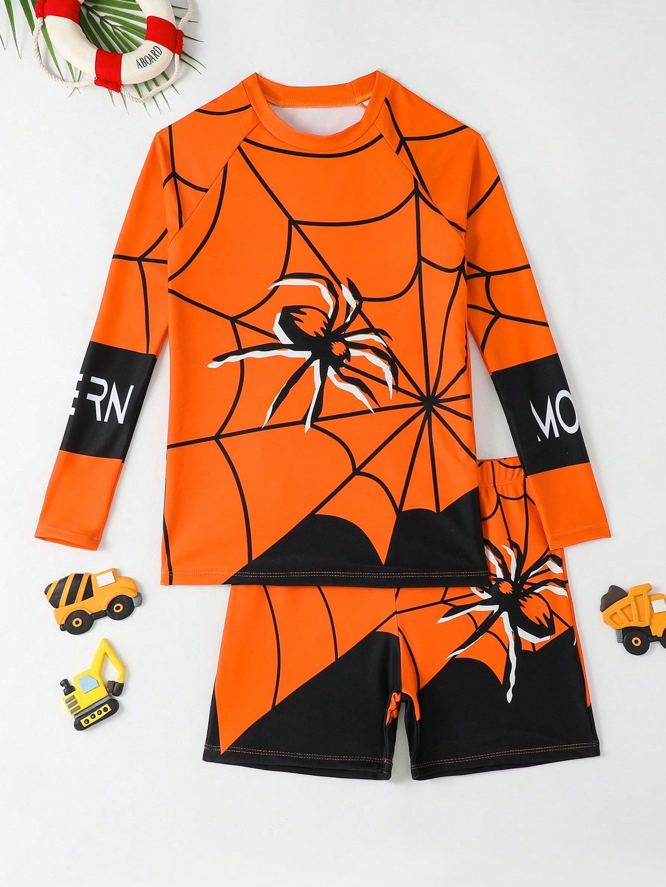 Tween Boy Spider Web Printed Swim Shirt And Swim Trunks Separated Set