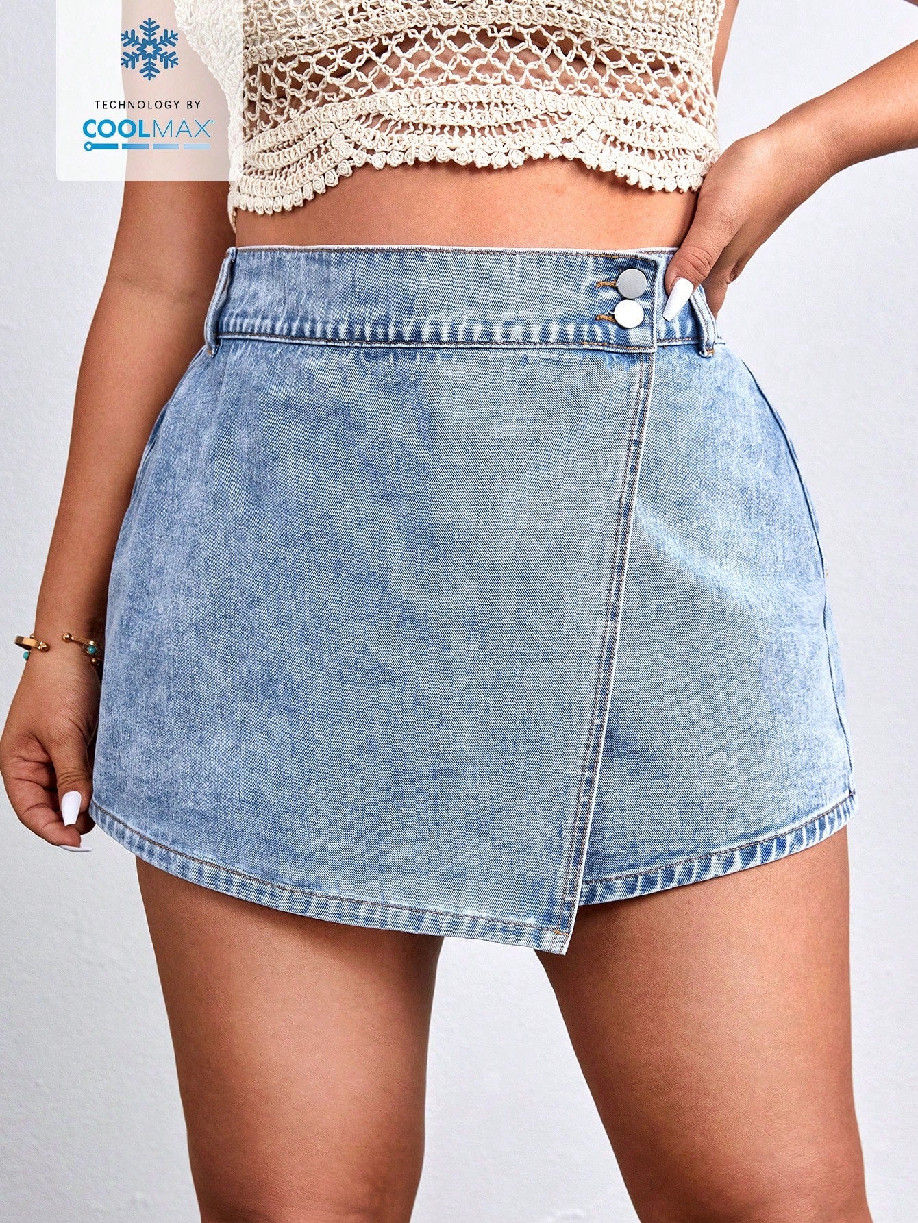 Plus Wrap Button Side Denim Shorts