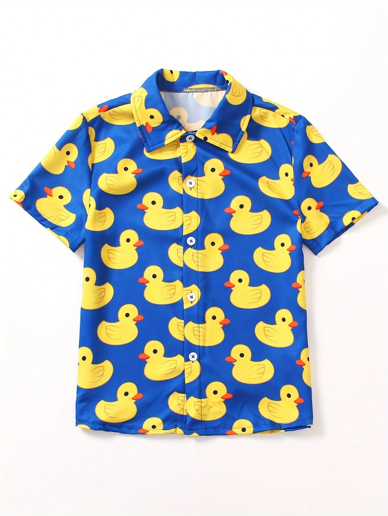 New Arrivals Tween Boy Summer Short Sleeve Button-Down Shirt With Random Yellow Duck Cartoon Print Flower Embellishment, Casual Children's Top