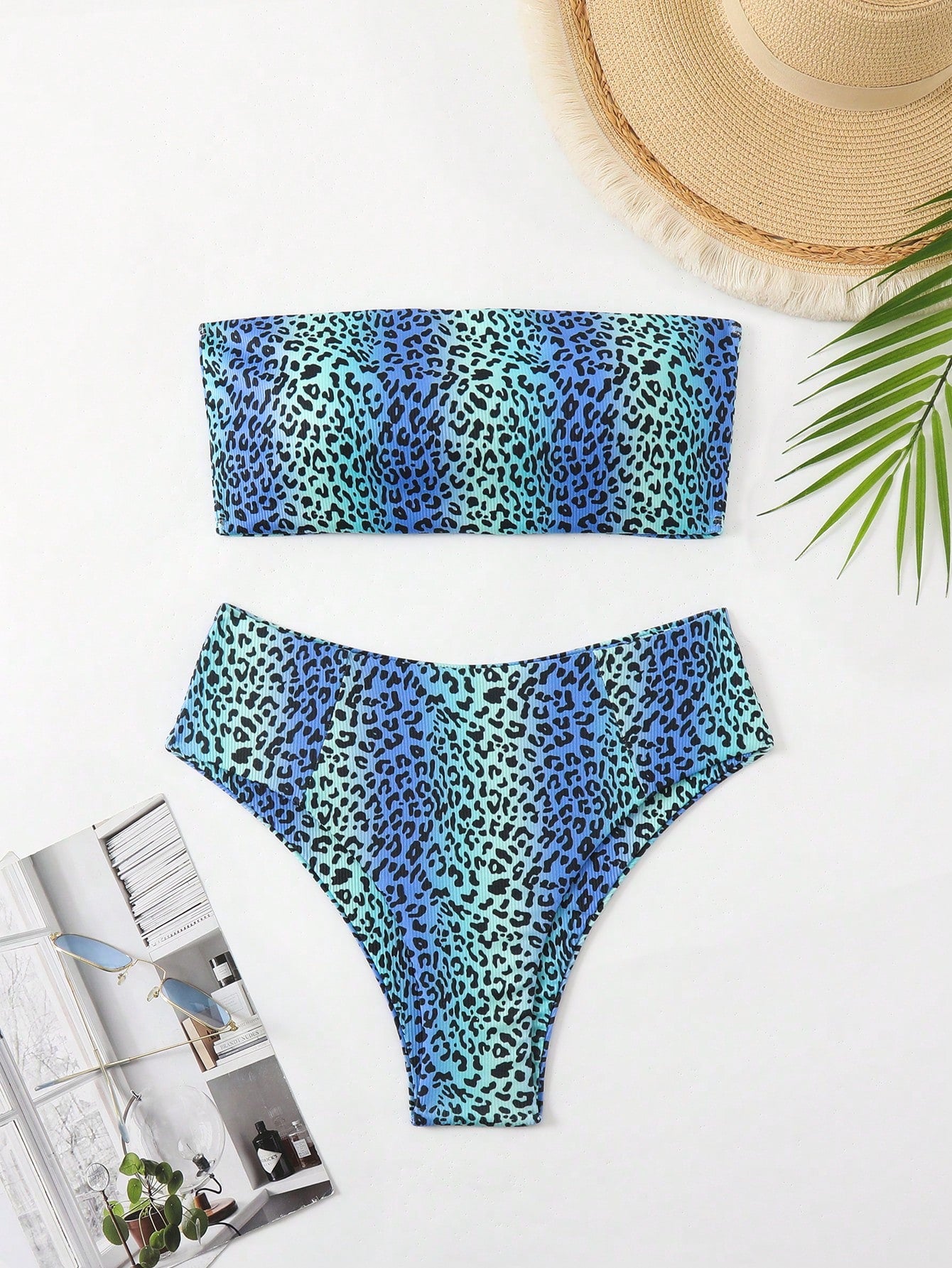 Swim Summer Beach Leopard Bandeau High Waisted Bikini Set