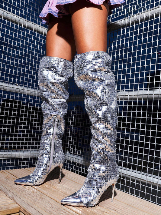 Women Sequin Decor Valentines Day  Point Toe Stiletto Heeled Fashion Glamorous Sequins Classic Silver Boots Vacation Shoes Summer Sale