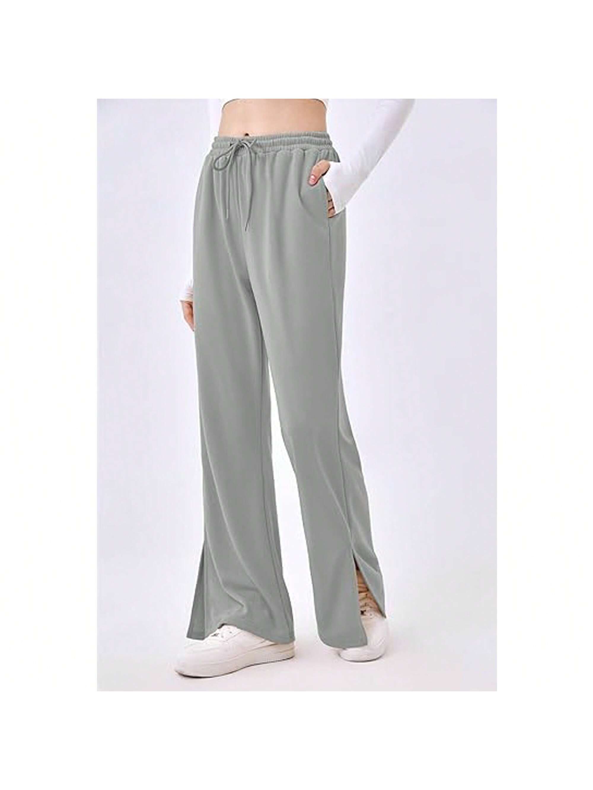 PiePieBuy Women's Wide Leg Sweatpants High Waisted Split Flare Leg Workout Pants With Pockets Grey