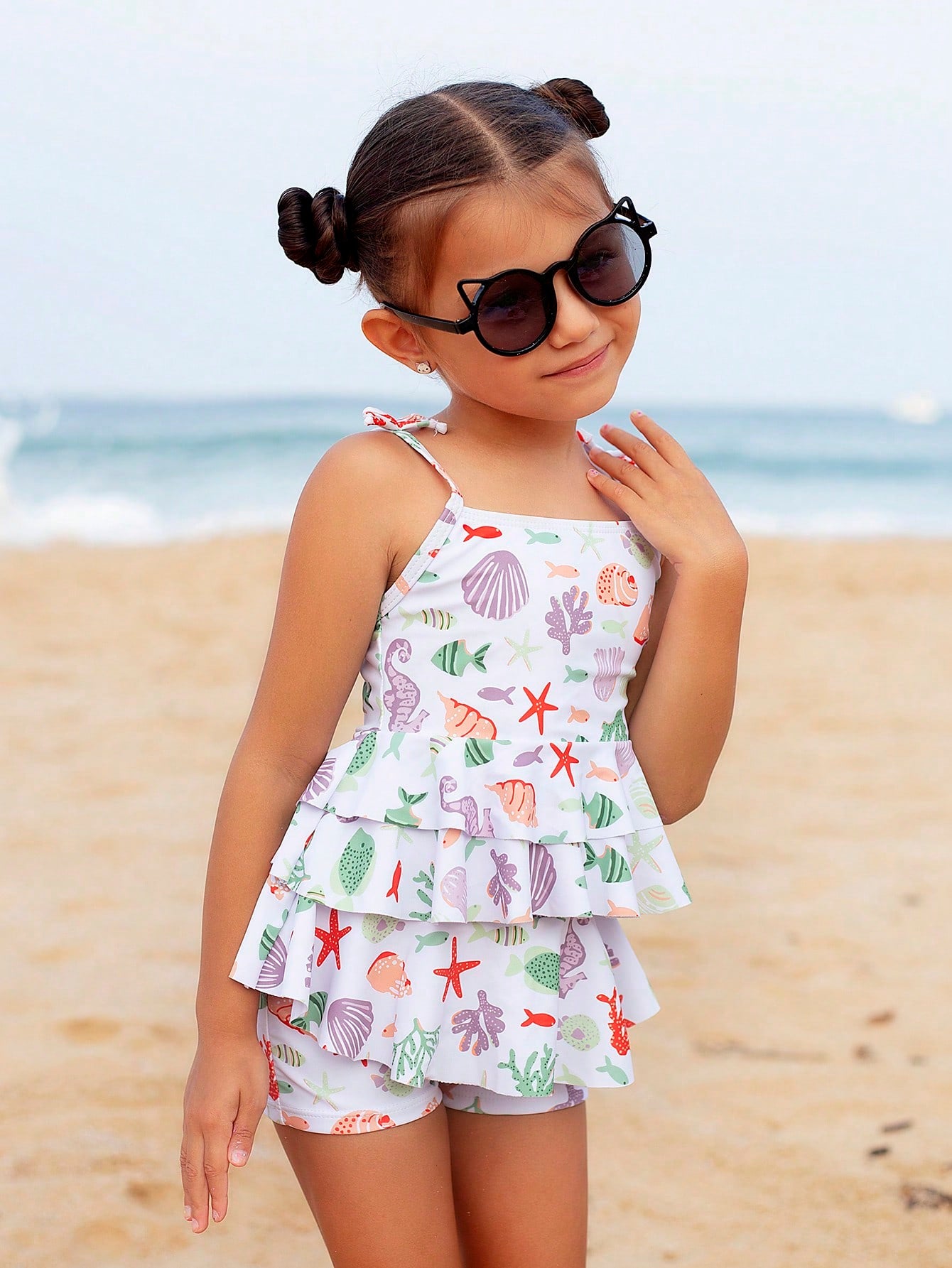 Young Girls' Summer Beach Allover Print Layered Cami Top And Boyshorts Tankini Swimsuit Set