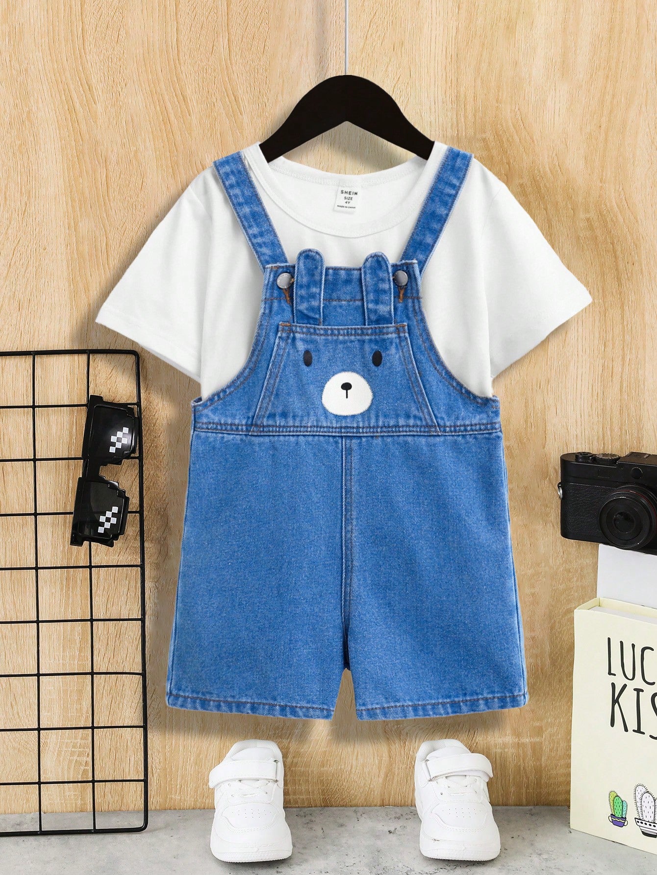 Young Boy Washed, Casual, Fashionable And Cute Bear Print Denim Overalls And Jumpsuits, For Summer