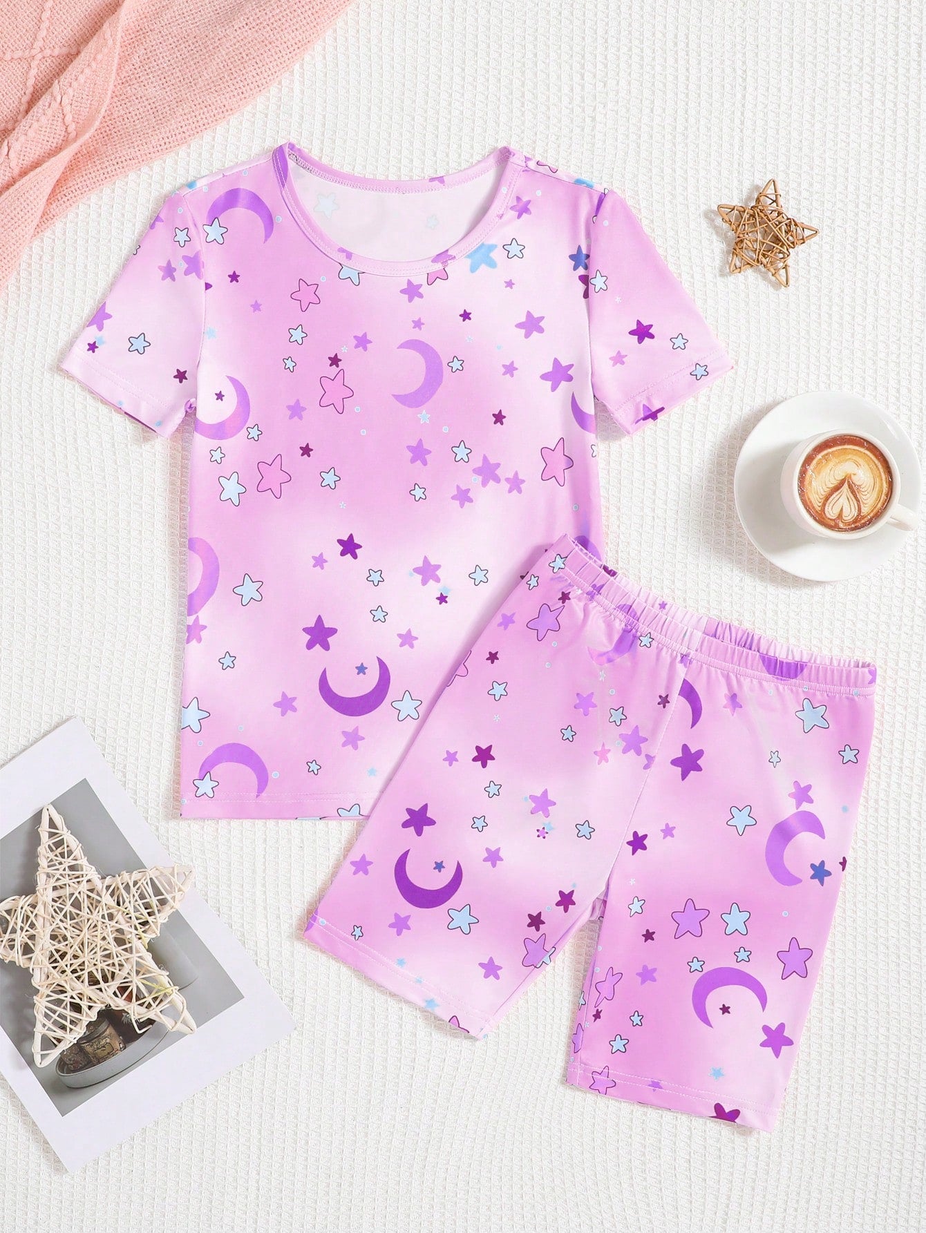 Tween Girl Starry Print Short Sleeve Round Neck T-Shirt And Shorts Casual Tight-Fitting 2-Piece Homewear Set