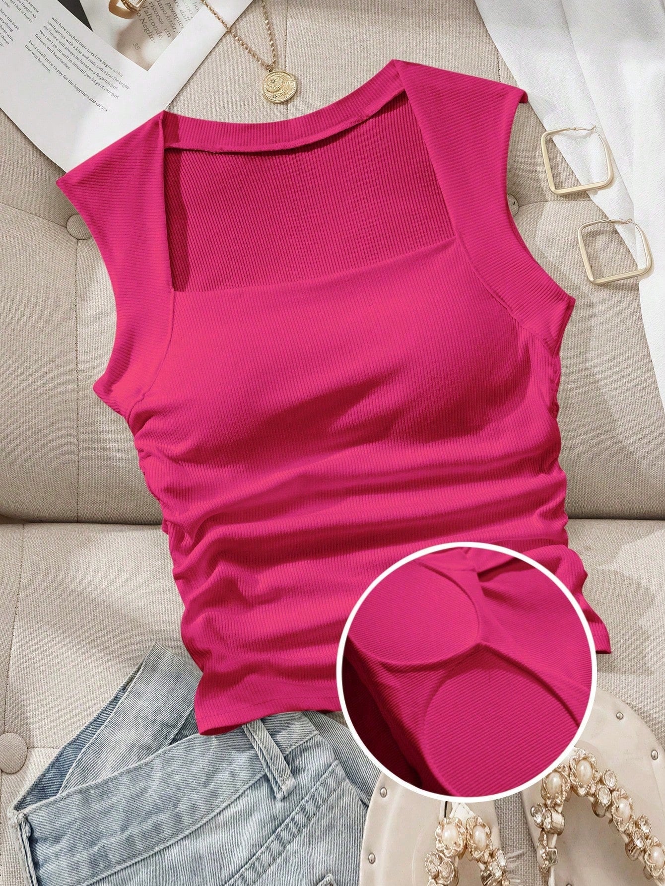 Square Neckline Bra-Free Slim Fit Women's Tank Top With Built-In Chest Pads, Spring/Summer