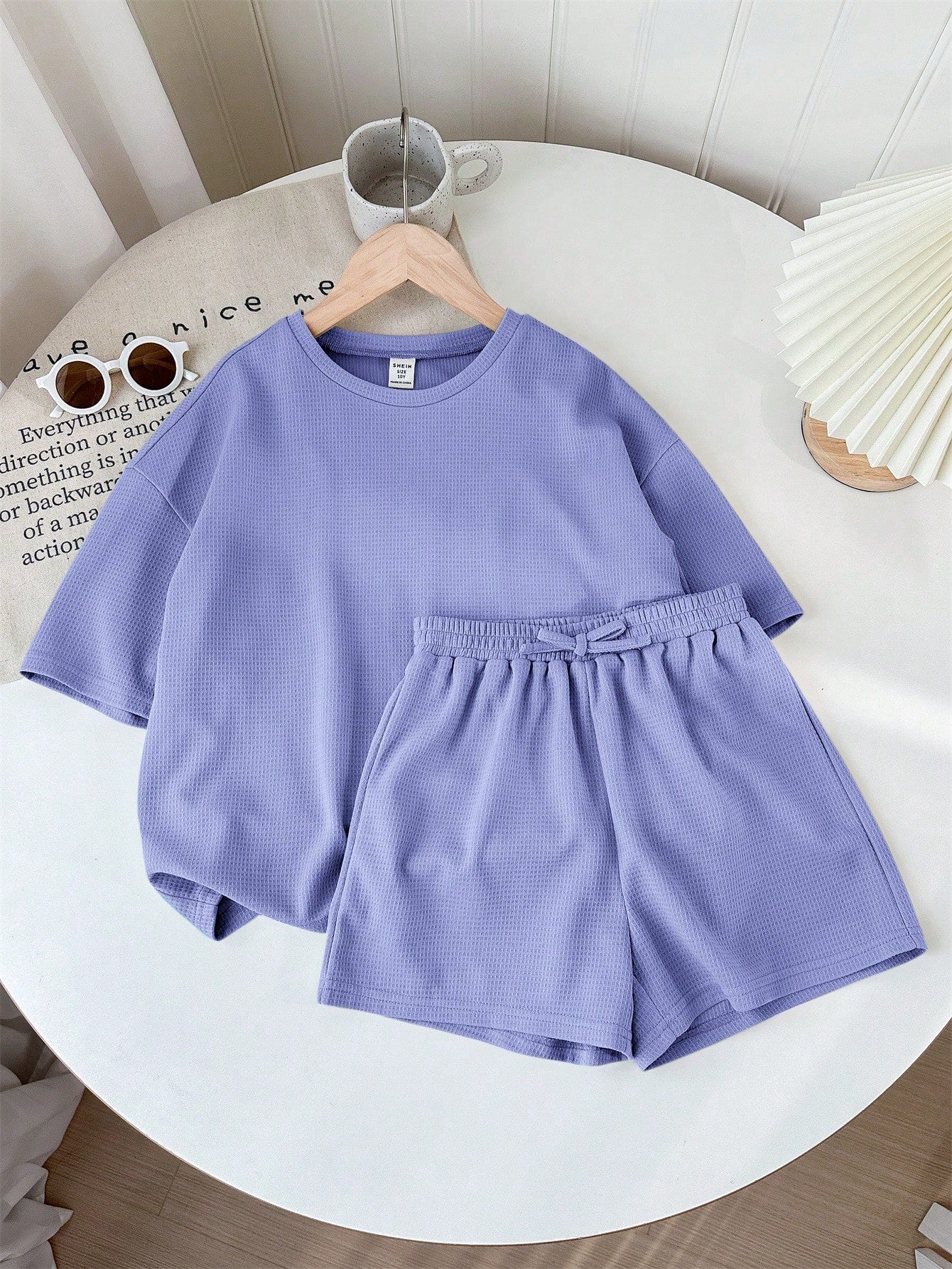 Tween Girl Solid Color Knitted Short Sleeve Round Neck Top And Loose Shorts Casual Two-Piece Outfit