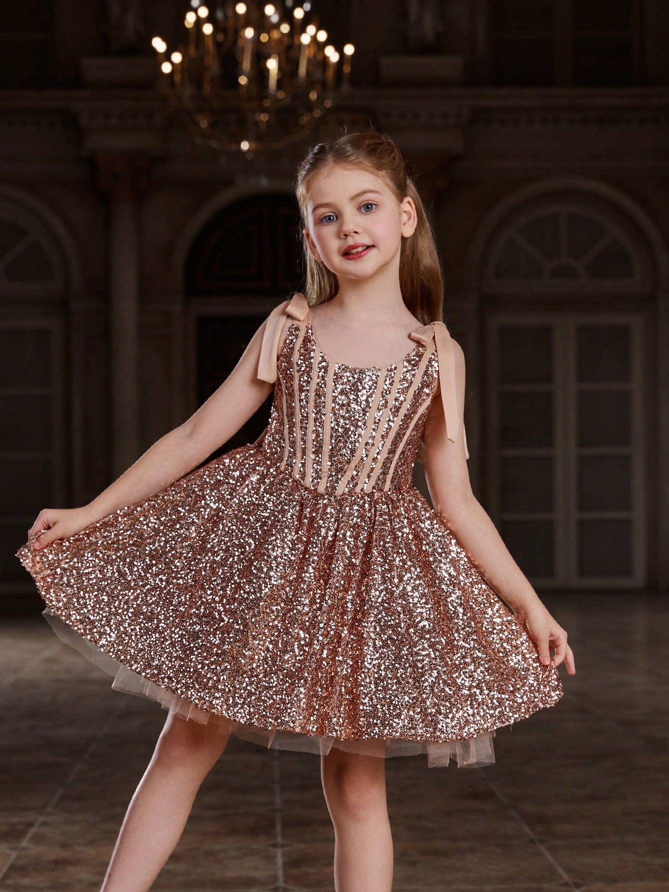 Tween Girl 1pc Sleeveless Shoulder Strap & Shiny Mid-Length Party Dress